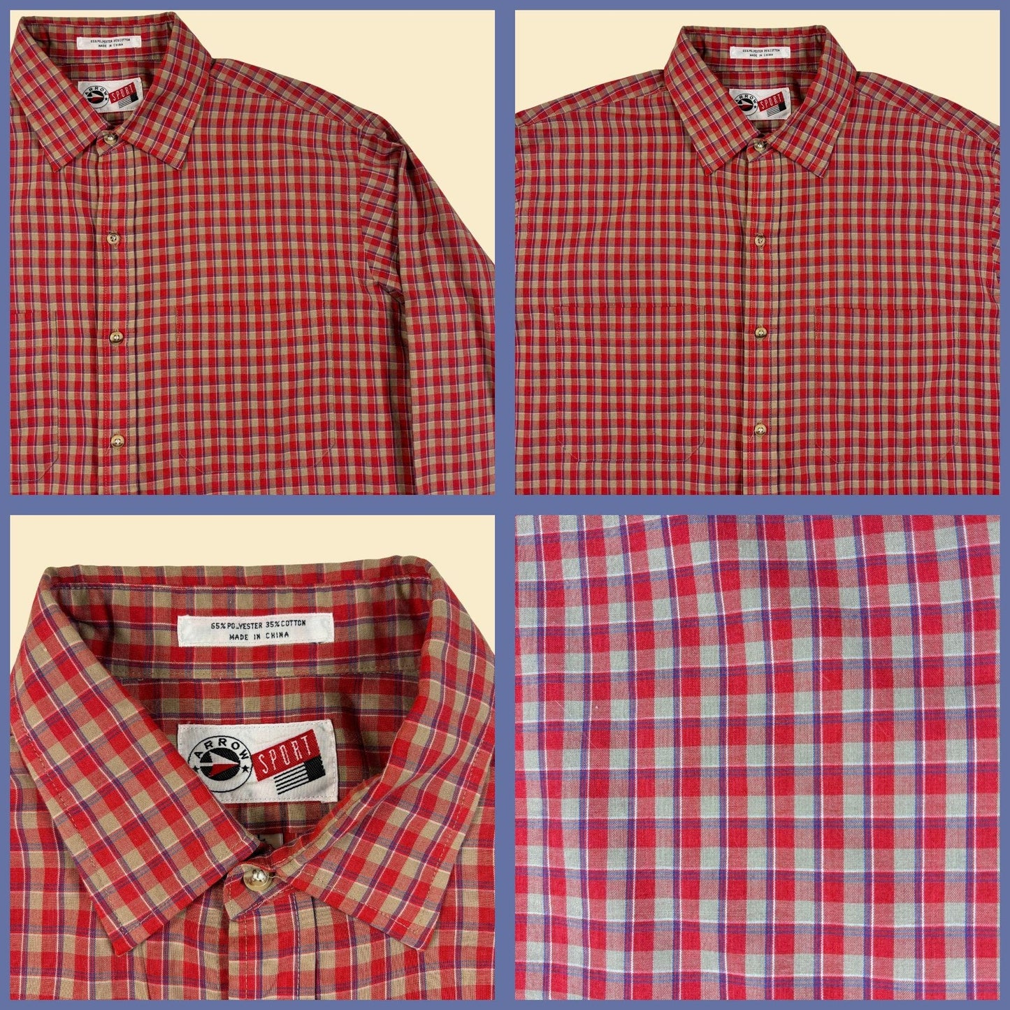 1970s Arrow Sport L shirt, vintage red & blue plaid lightweight longsleeve button down