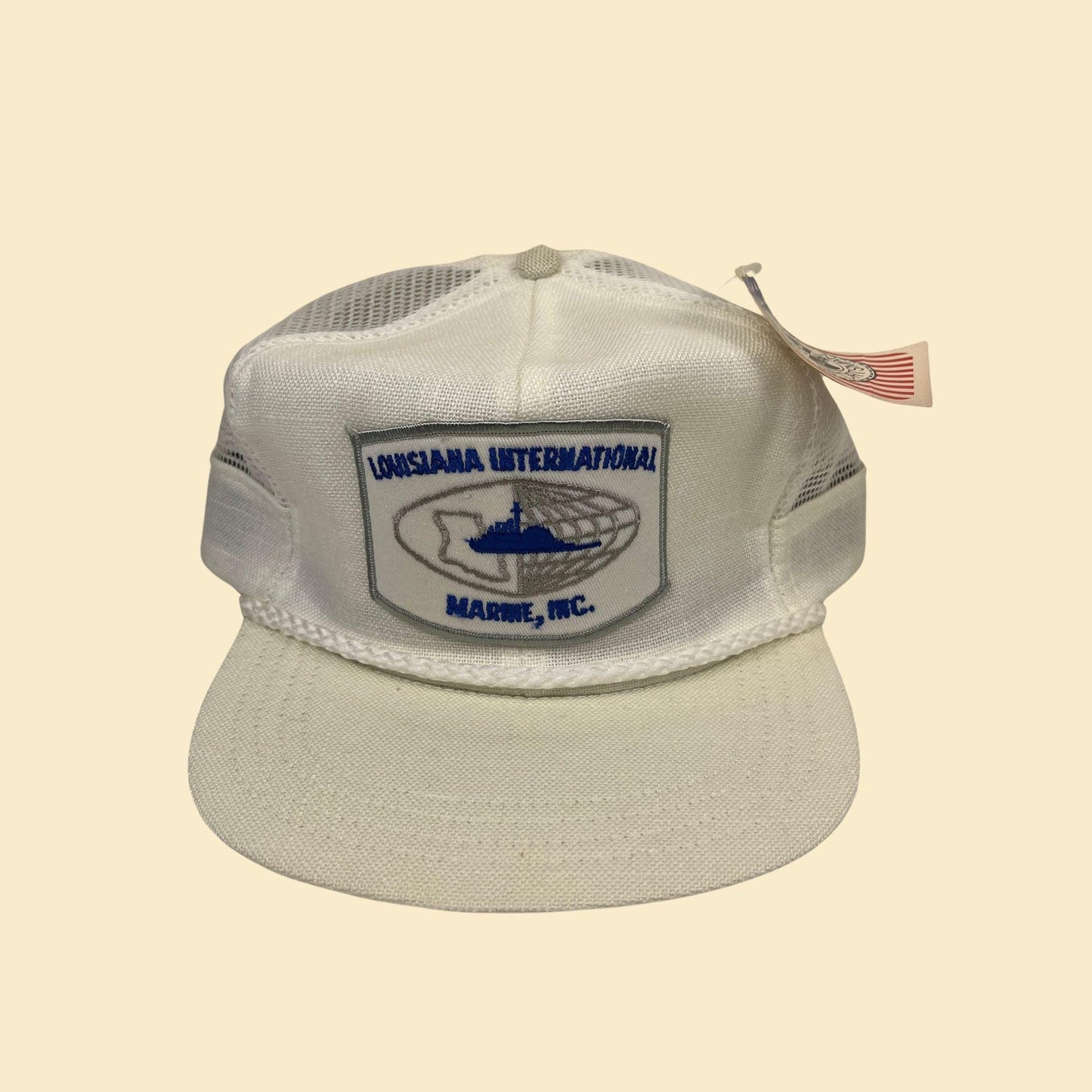 1980s snapback w/ Louisiana International Marine patch, vintage white & blue Louisiana baseball cap