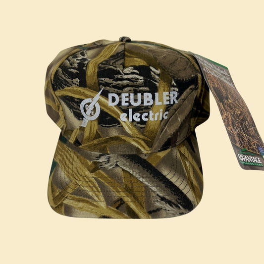 90s camo snapback hat by Advantage, Deubler Electric workwear men's baseball cap w/ wetlands camo