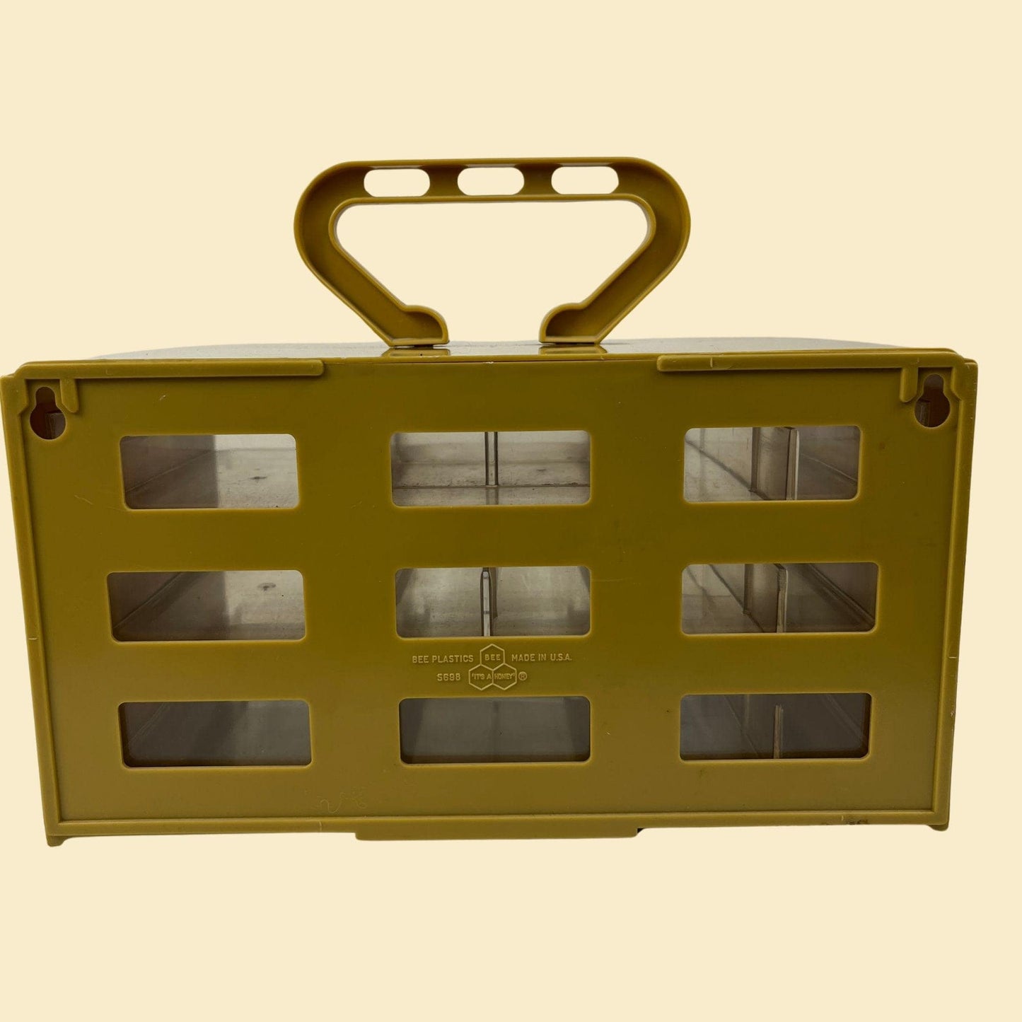 1970s storage container by Bee Plastics, mustard yellow plastic small parts box w/ 9 drawers