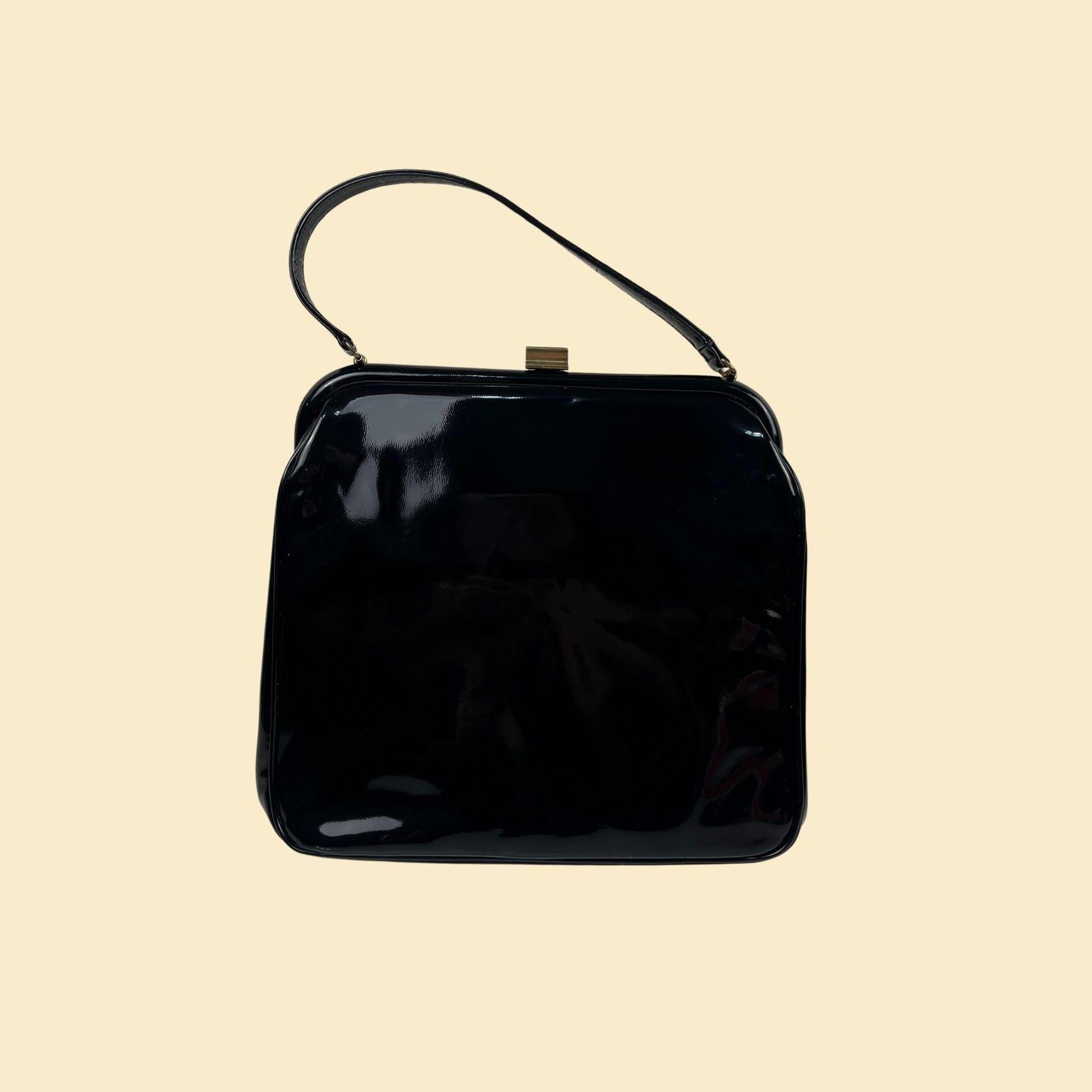 1970s JR Florida patent leather handbag, vintage black shiny structured purse w/ red interior