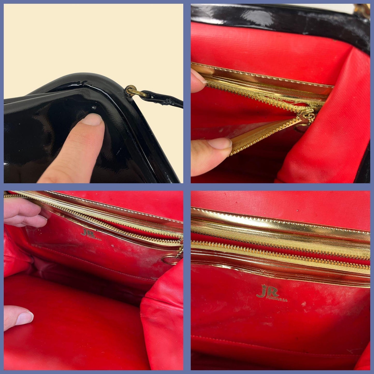 1970s JR Florida patent leather handbag, vintage black shiny structured purse w/ red interior