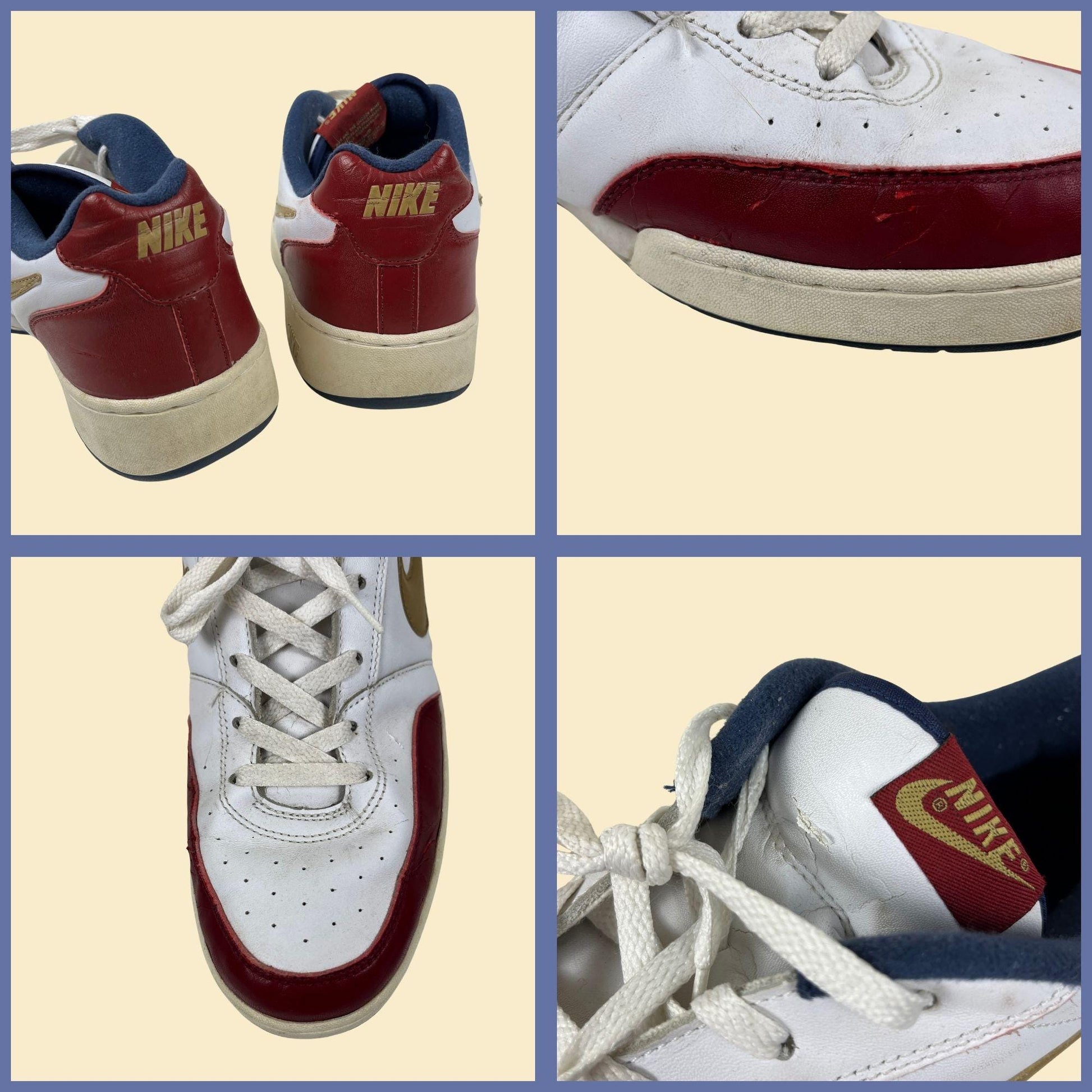 1990s Nike Swoosh size 14 men's sneakers, vintage men's white, burgundy & blue shoes