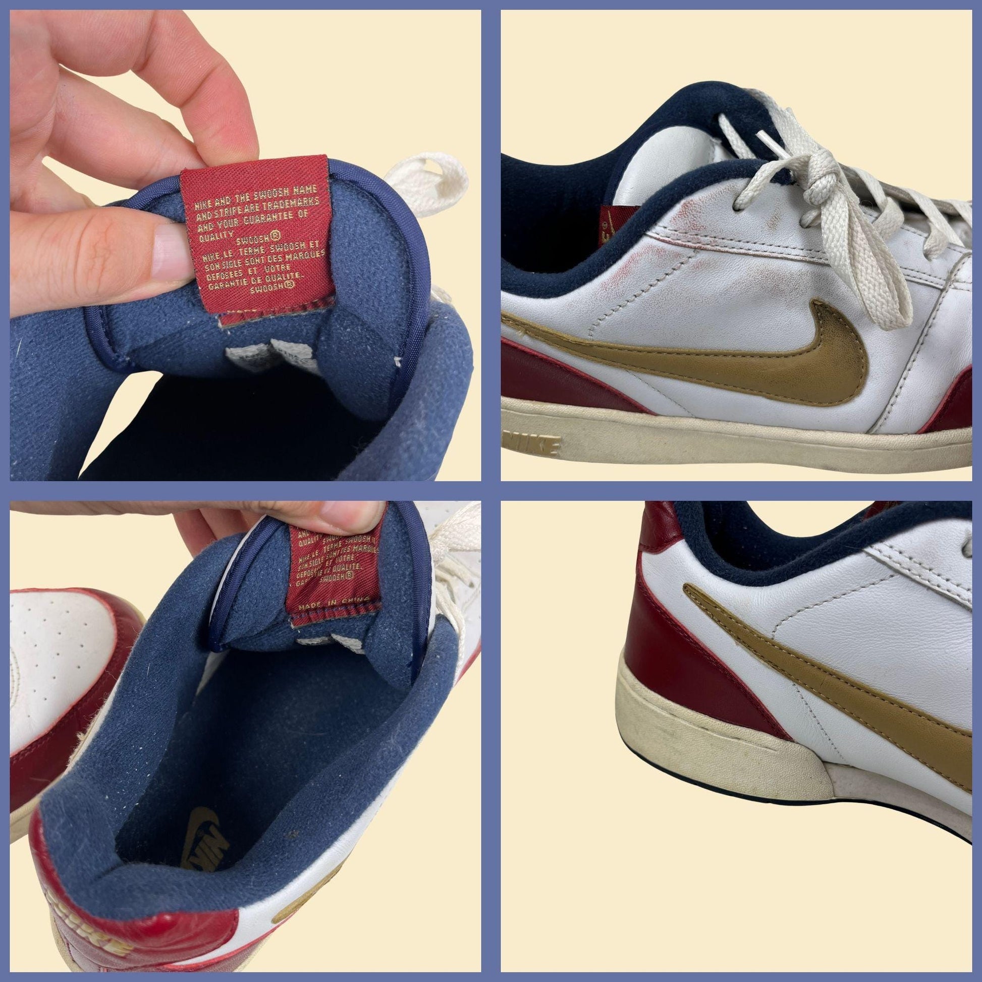 1990s Nike Swoosh size 14 men's sneakers, vintage men's white, burgundy & blue shoes