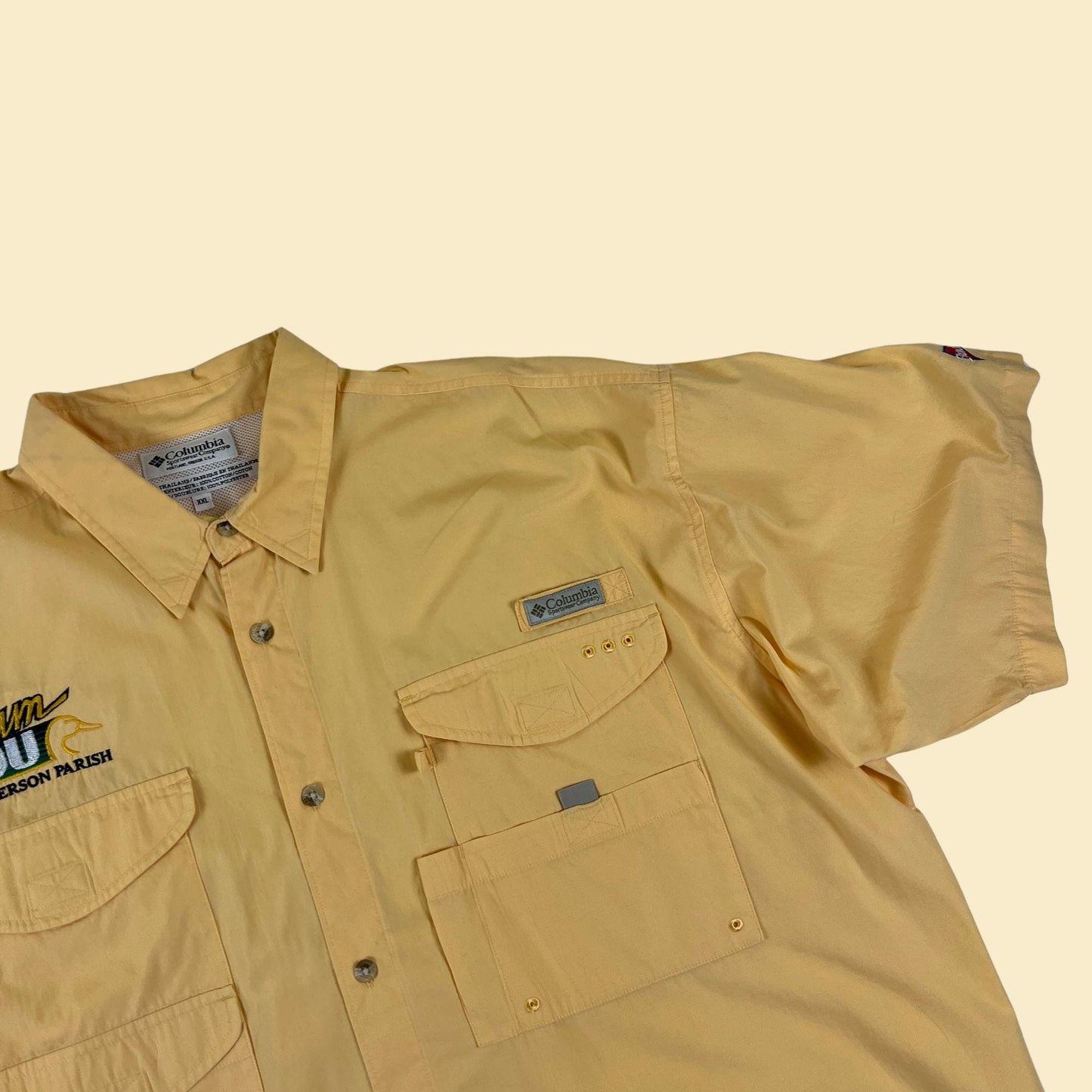 2000s yellow Columbia Sportswear shirt, vintage fishing competition short sleeve button down w/ Duck's Unlimited logo