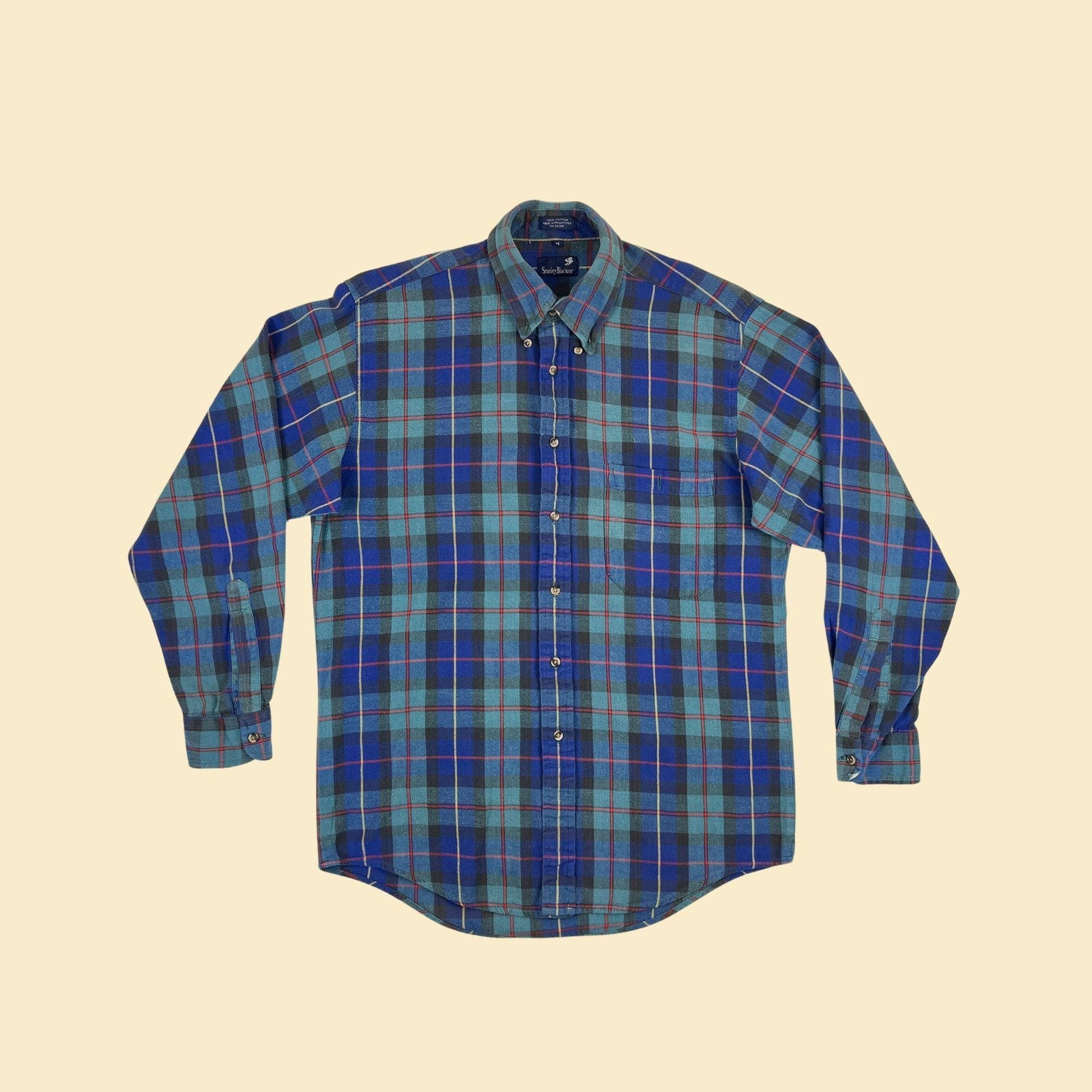 1980s M flannel shirt, vintage blue & teal plaid button down top by Stanley Becker