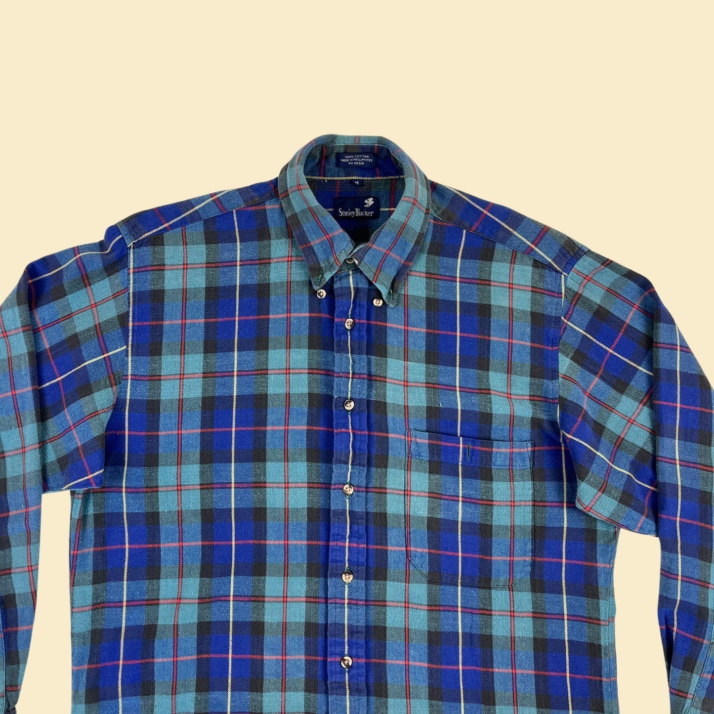 1980s M flannel shirt, vintage blue & teal plaid button down top by Stanley Becker