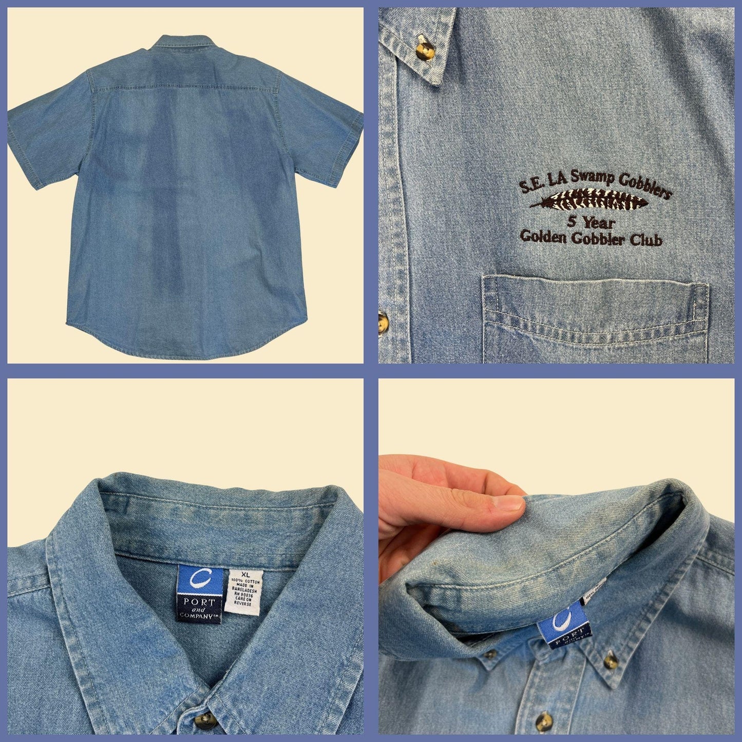 2000s XL Louisiana Turkey Hunting chambray button down, vintage SE LA "Swamp Gobblers" short sleeve shirt