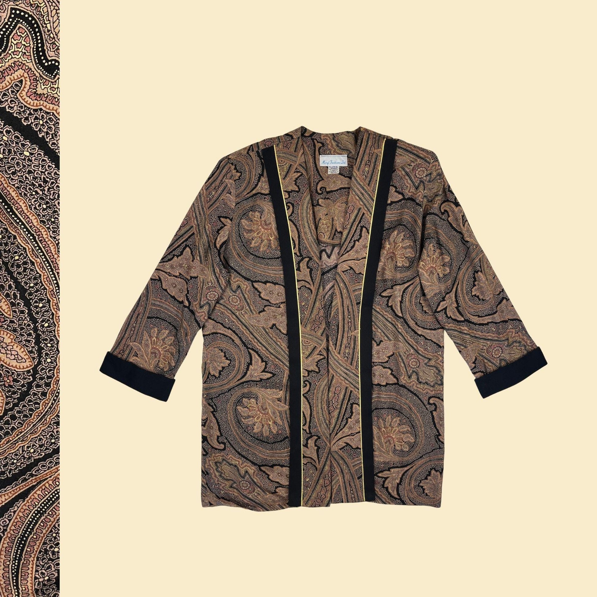 70s/80s abstract open jacket by Meryl Fashions Ltd., size 14 vintage beige & black paisley cape-style rayon jacket