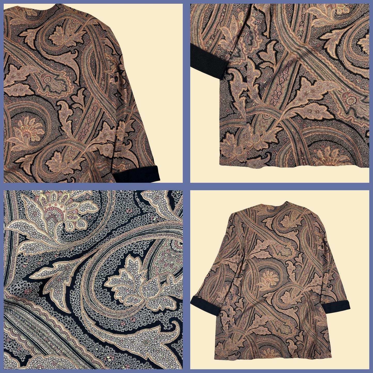 70s/80s abstract open jacket by Meryl Fashions Ltd., size 14 vintage beige & black paisley cape-style rayon jacket