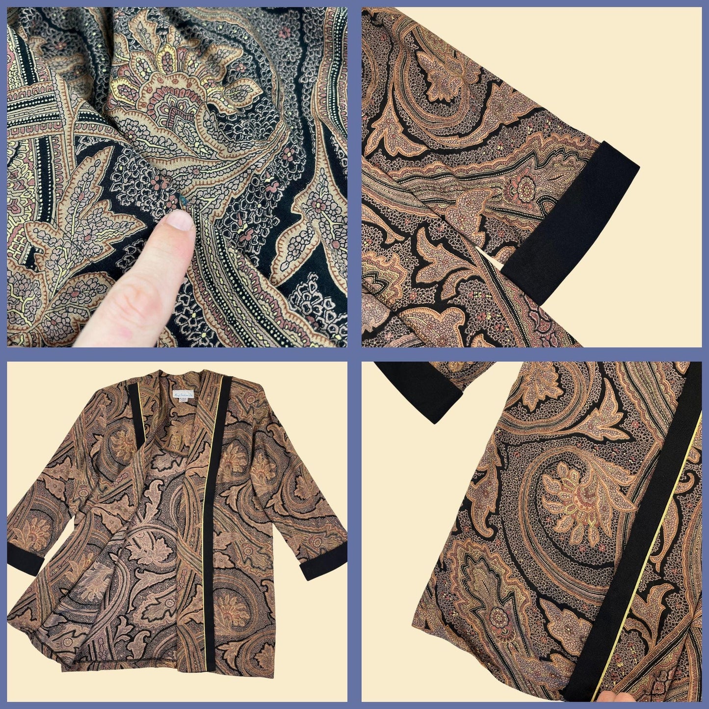 70s/80s abstract open jacket by Meryl Fashions Ltd., size 14 vintage beige & black paisley cape-style rayon jacket