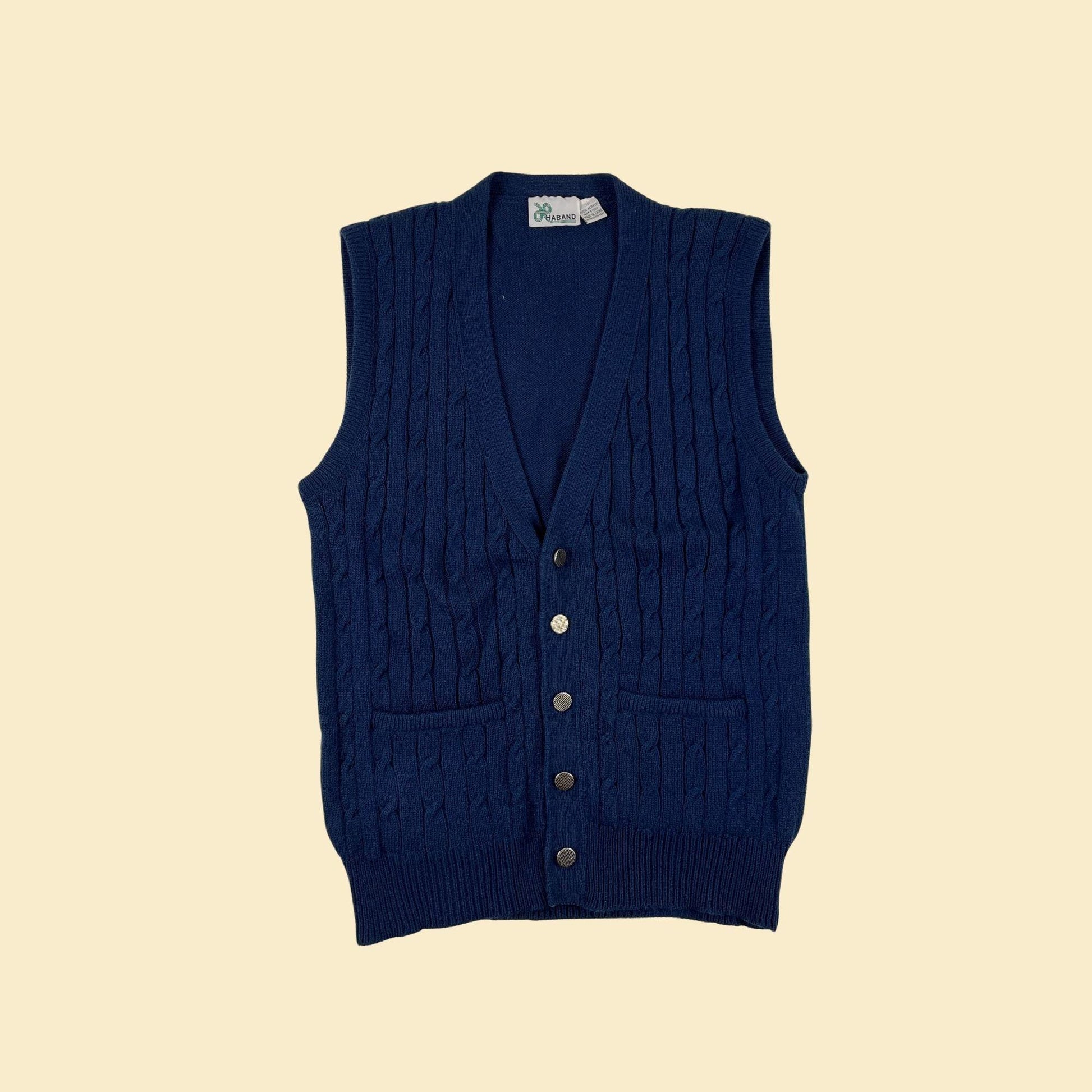 1980s S dark blue sweater vest by Haband, button up men's vintage knit vest