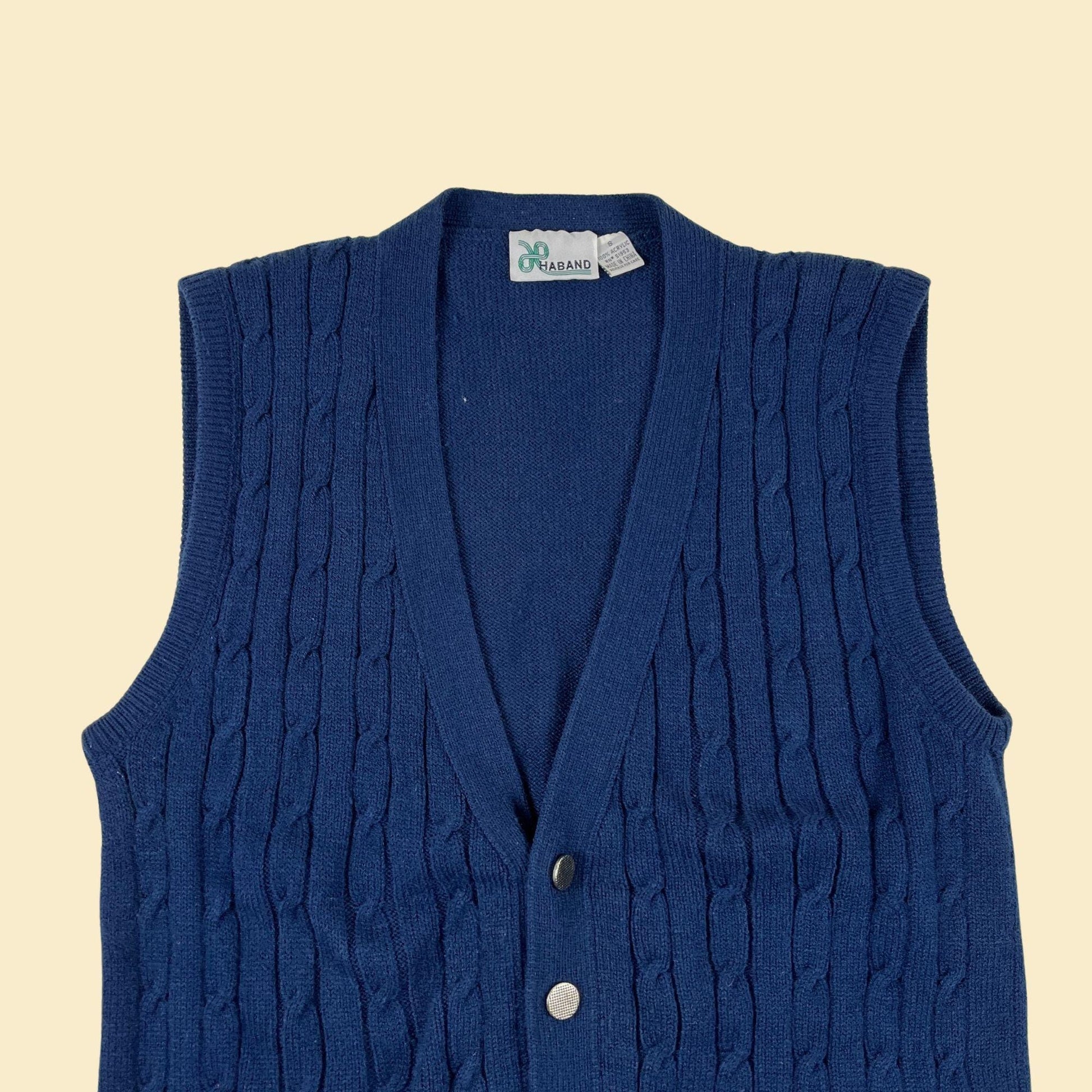 1980s S dark blue sweater vest by Haband, button up men's vintage knit vest