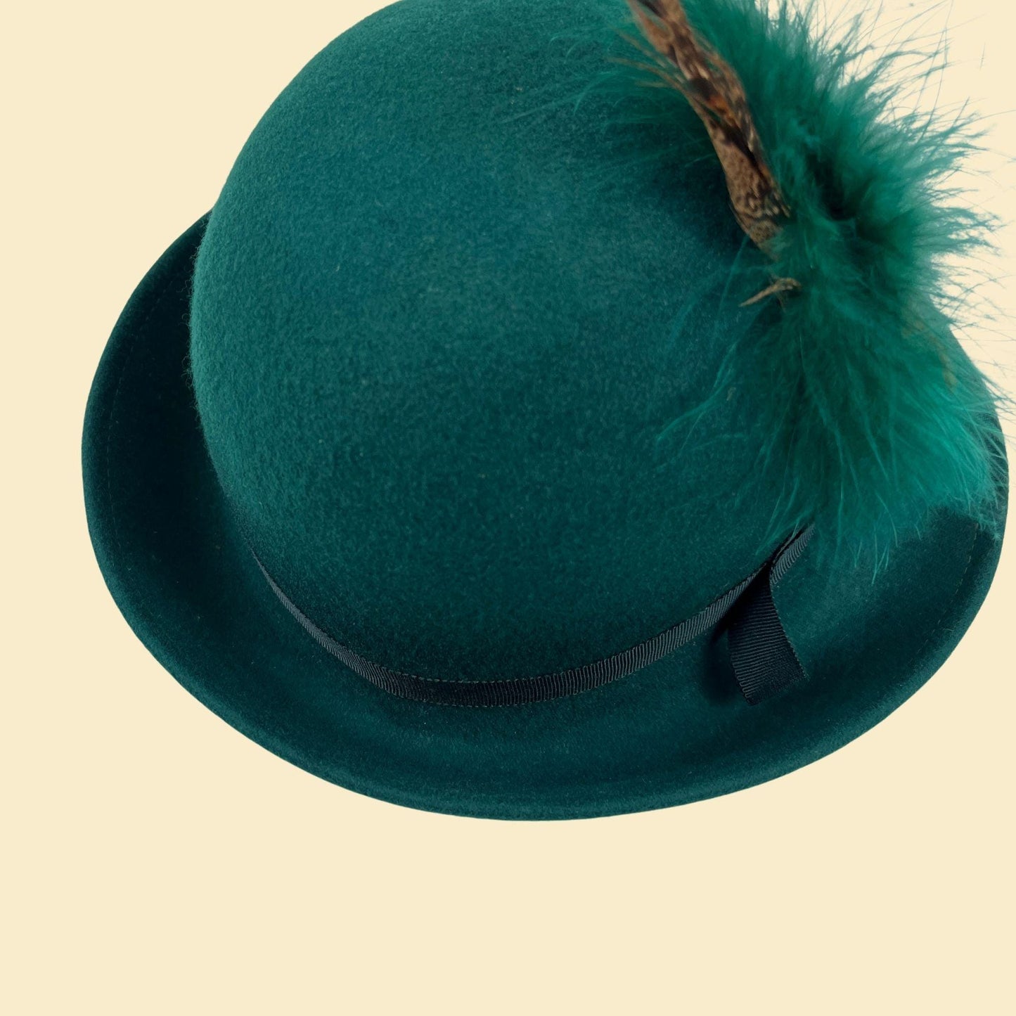 1970s green fedora brim hat by Geo W. Bollman & Co, vintage western-style doeskin felt wool hat w/ feather