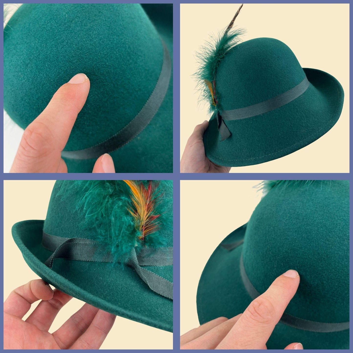 1970s green fedora brim hat by Geo W. Bollman & Co, vintage western-style doeskin felt wool hat w/ feather