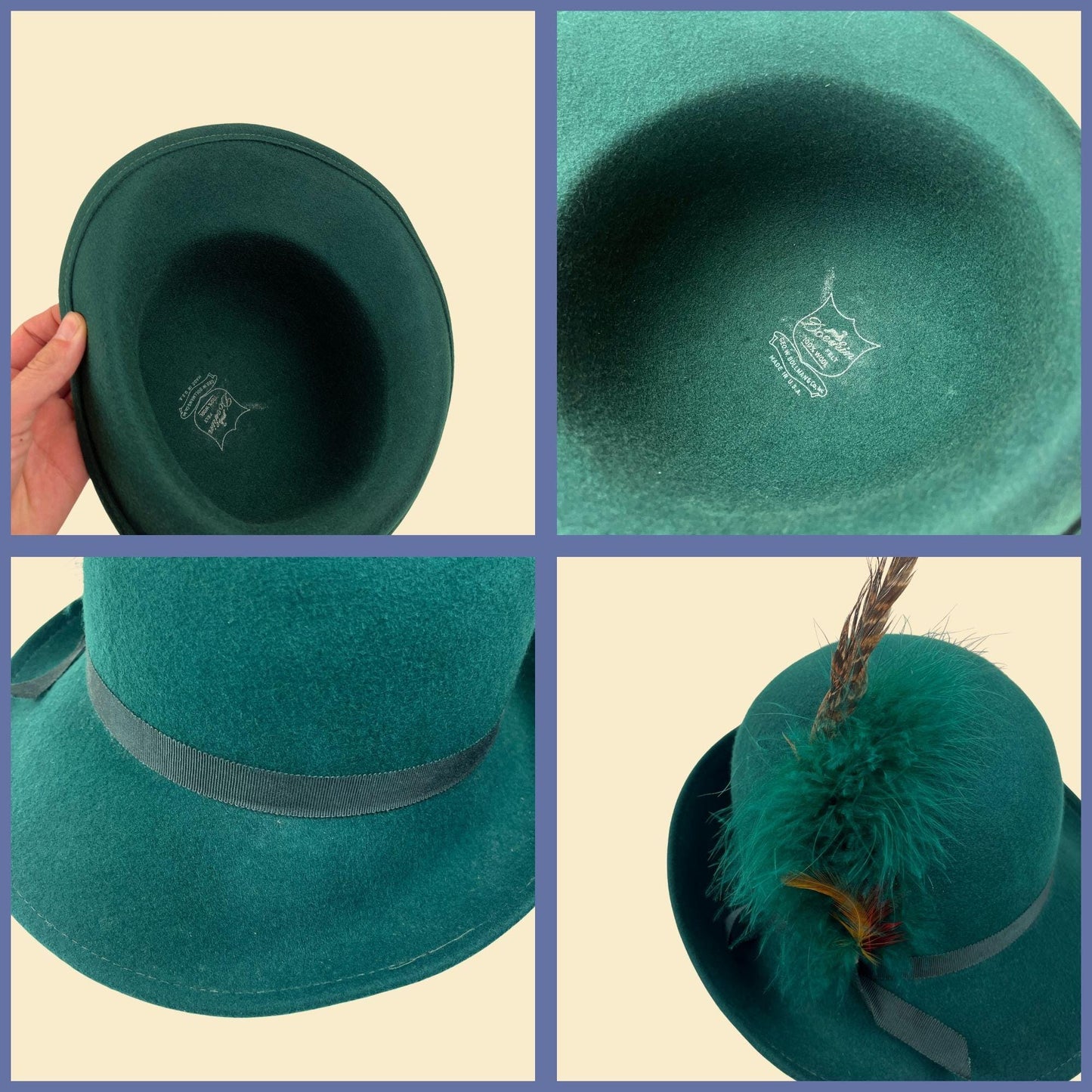 1970s green fedora brim hat by Geo W. Bollman & Co, vintage western-style doeskin felt wool hat w/ feather