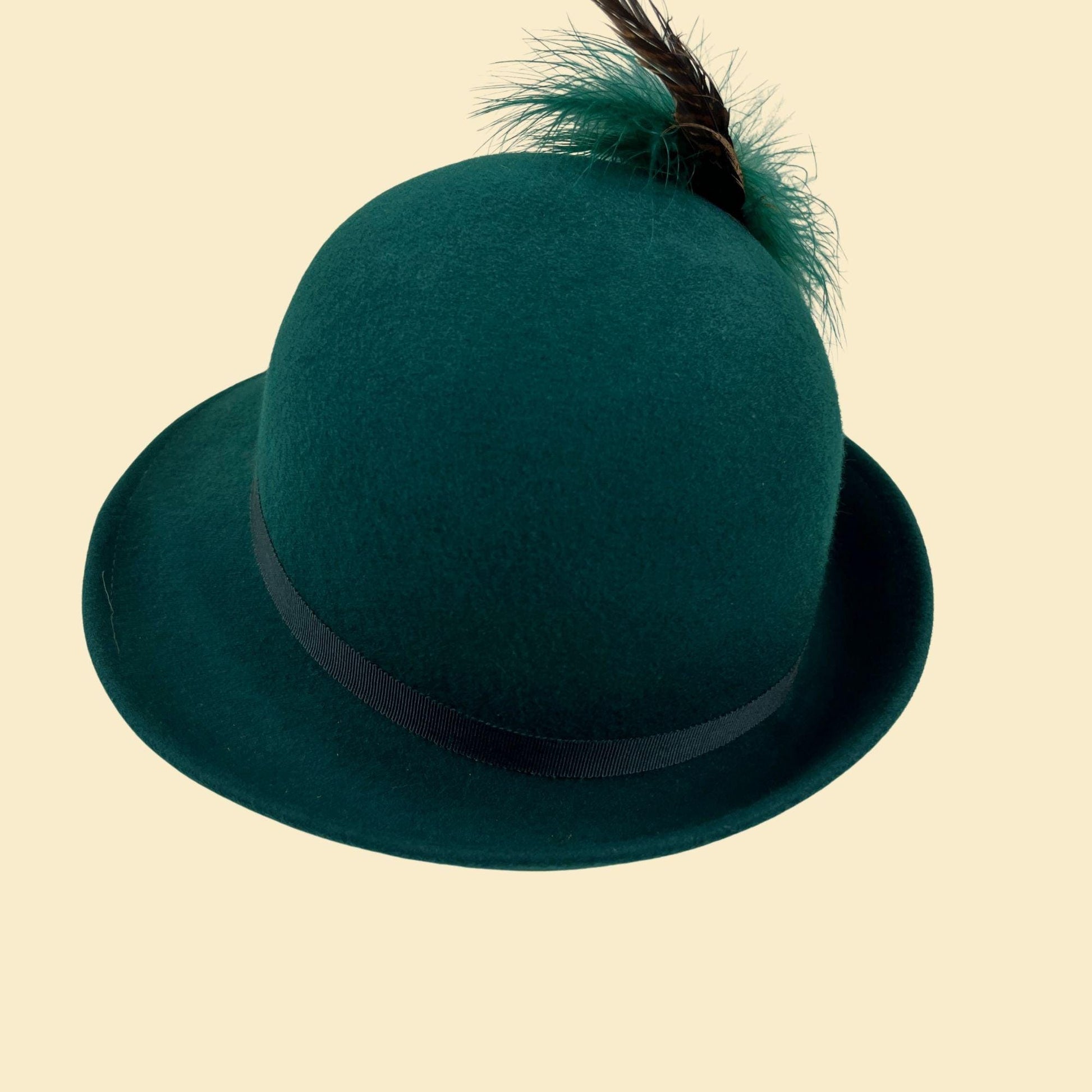 1970s green fedora brim hat by Geo W. Bollman & Co, vintage western-style doeskin felt wool hat w/ feather