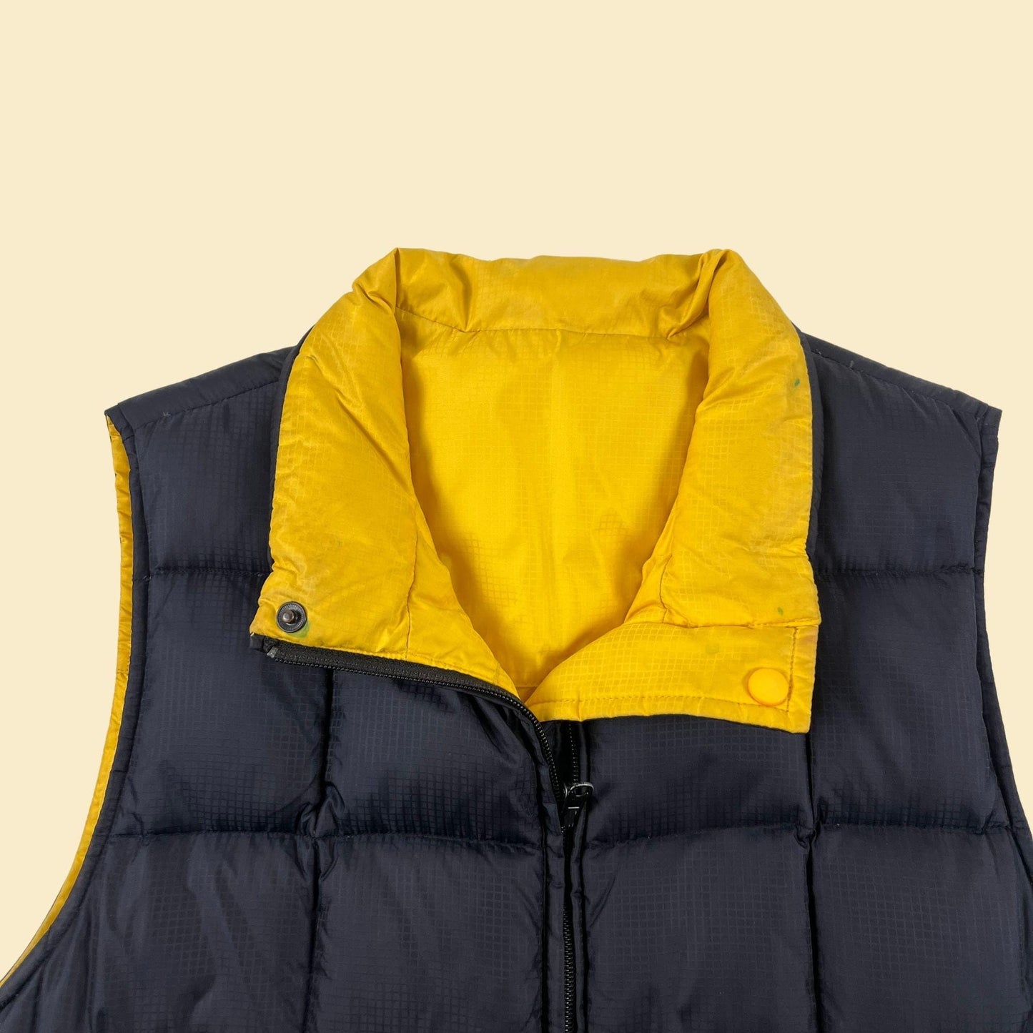 Y2K down filled vest by Lands' End, M 10/12 reversible blue & yellow puffer vest