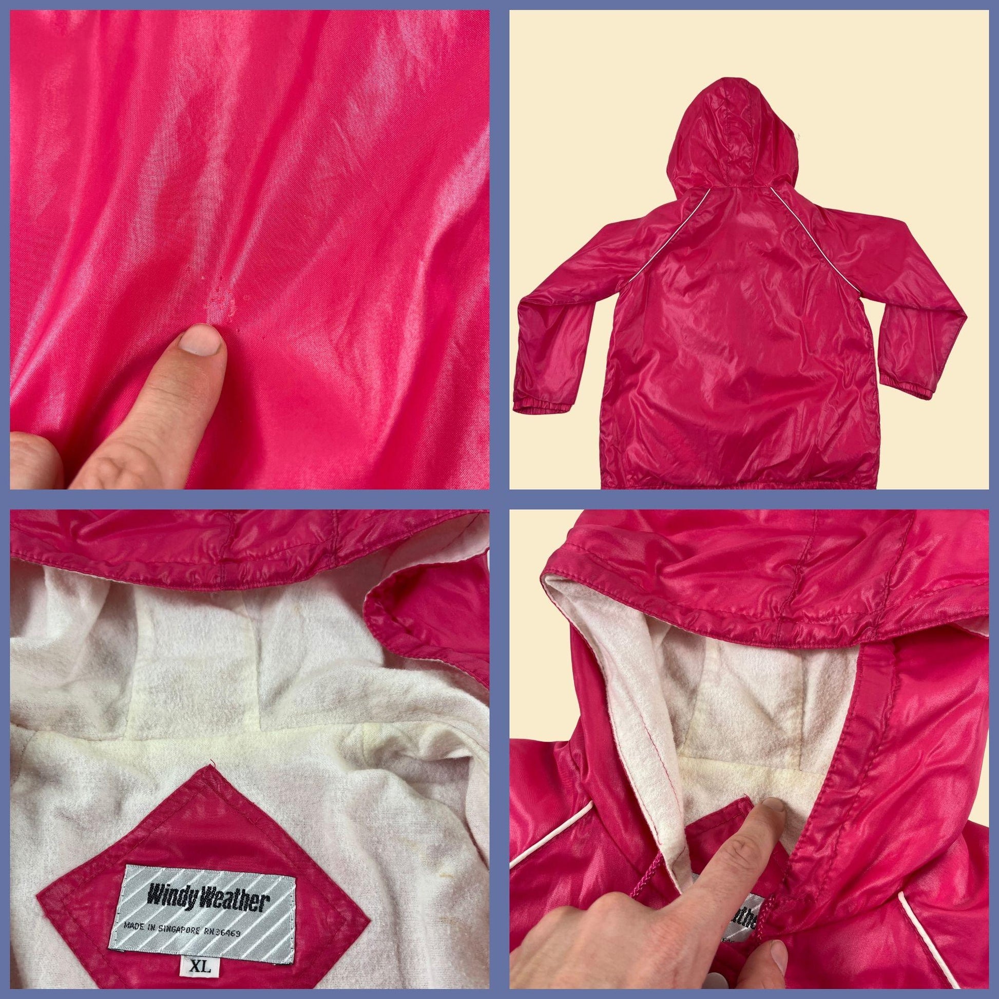 70s/80s XL hot pink windbreaker by Windy Weather, vintage snap clasp hooded pink & white jacket