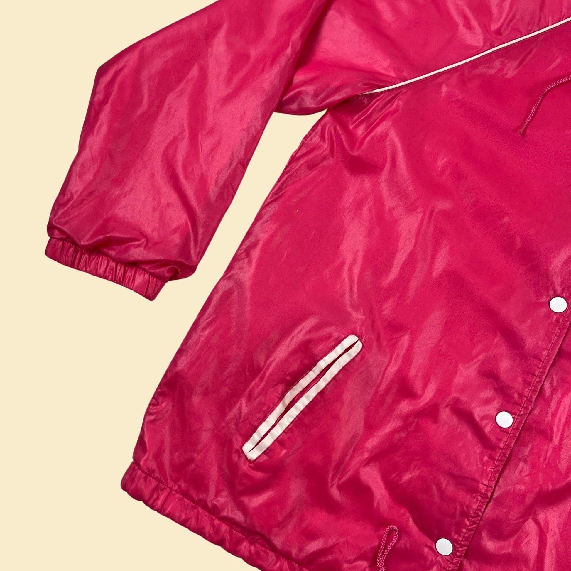 70s/80s XL hot pink windbreaker by Windy Weather, vintage snap clasp hooded pink & white jacket