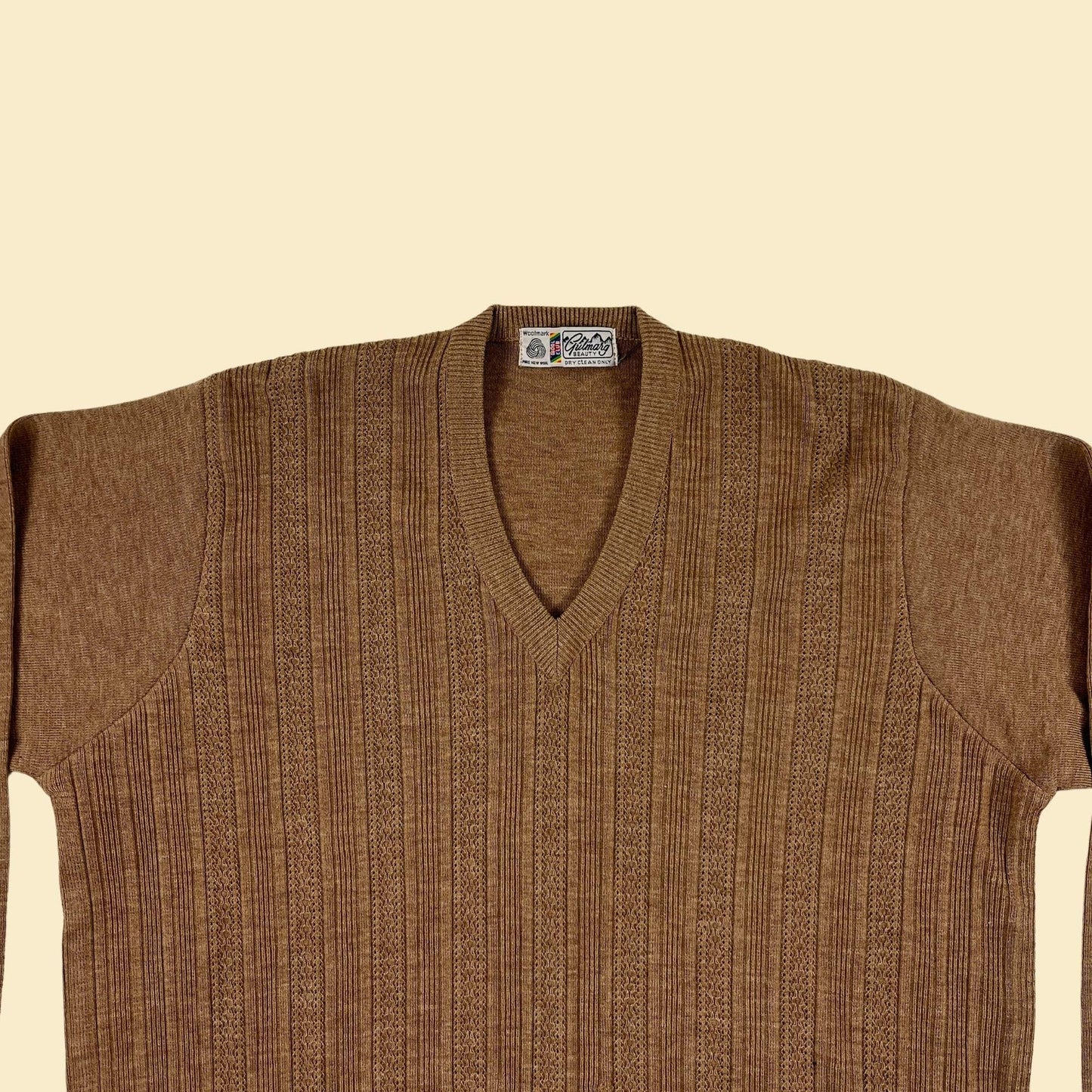 1970s brown wool sweater, vintage v-neck men's lightweight beige pullover