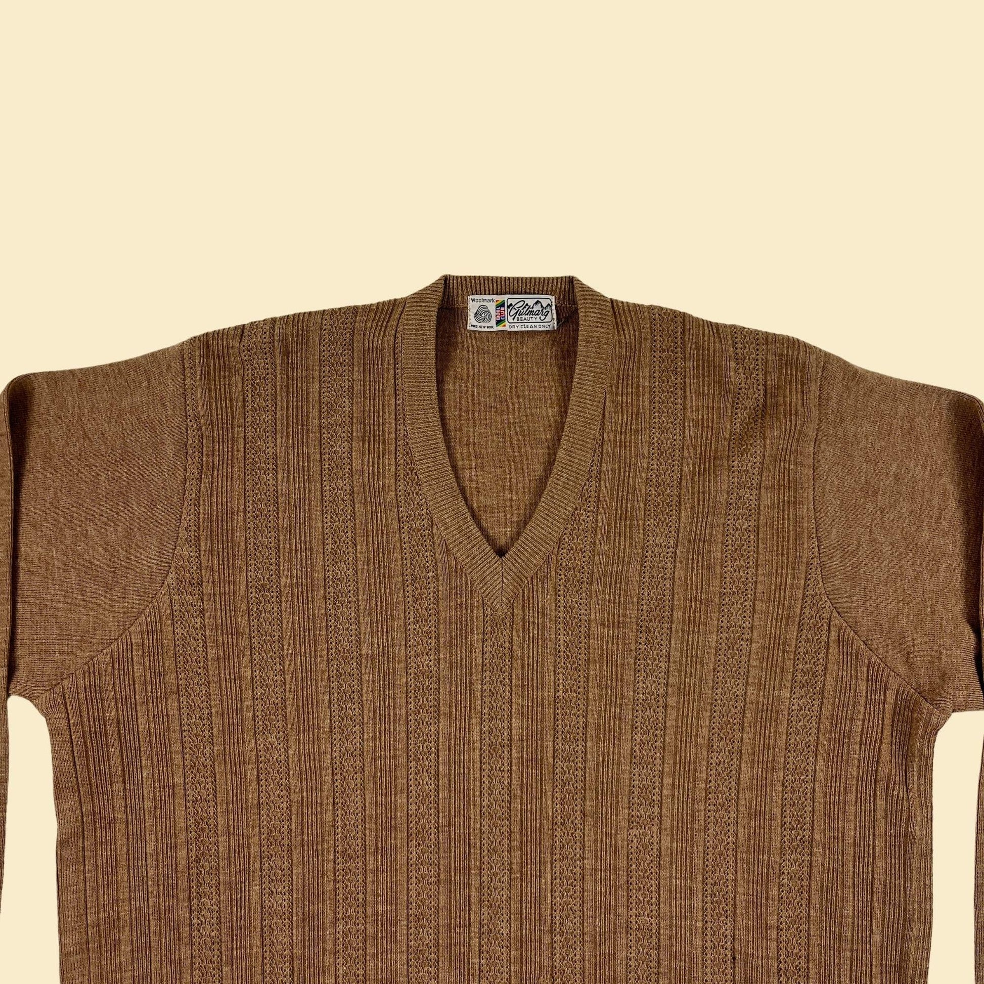 1970s brown wool sweater, vintage v-neck men's lightweight beige pullover