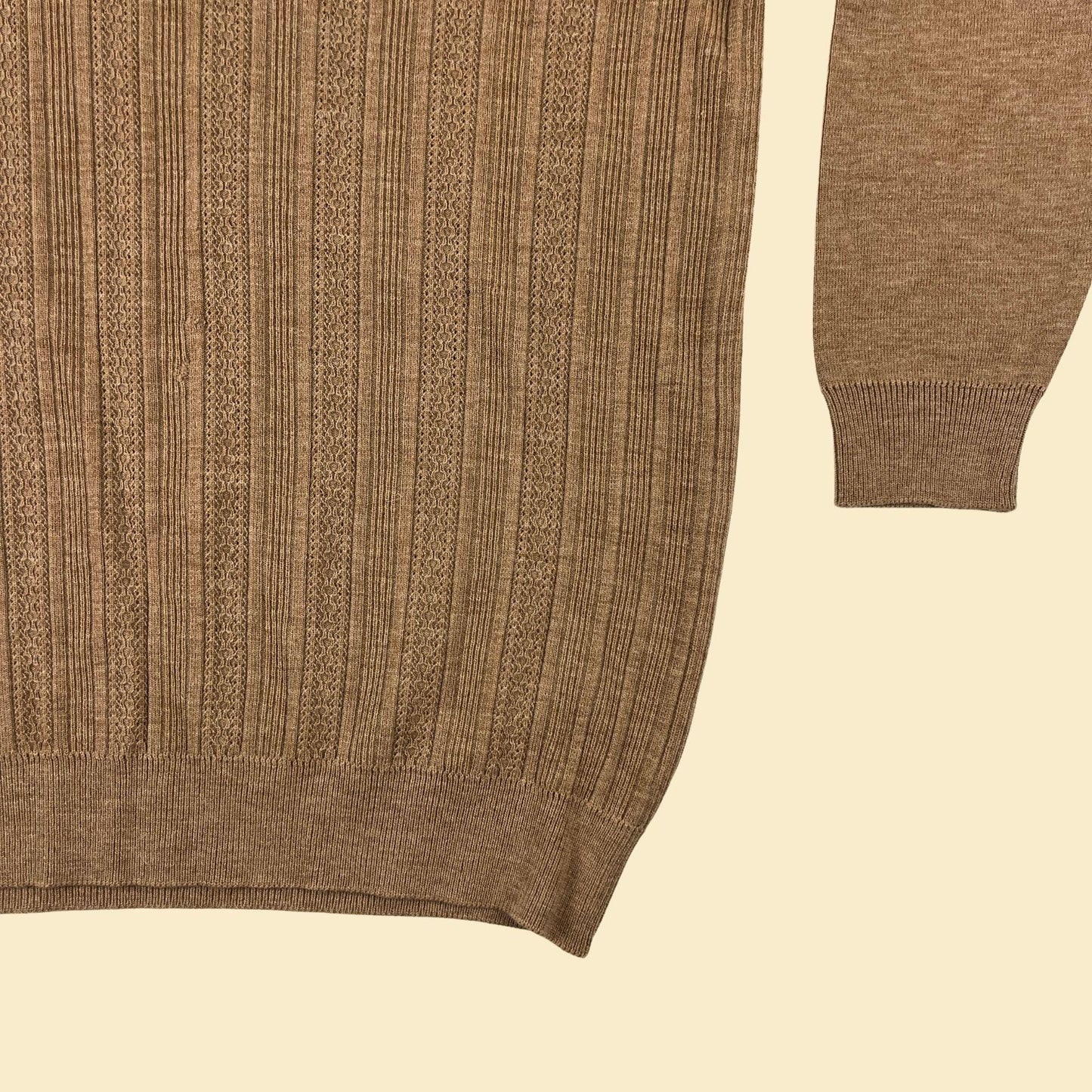 1970s brown wool sweater, vintage v-neck men's lightweight beige pullover