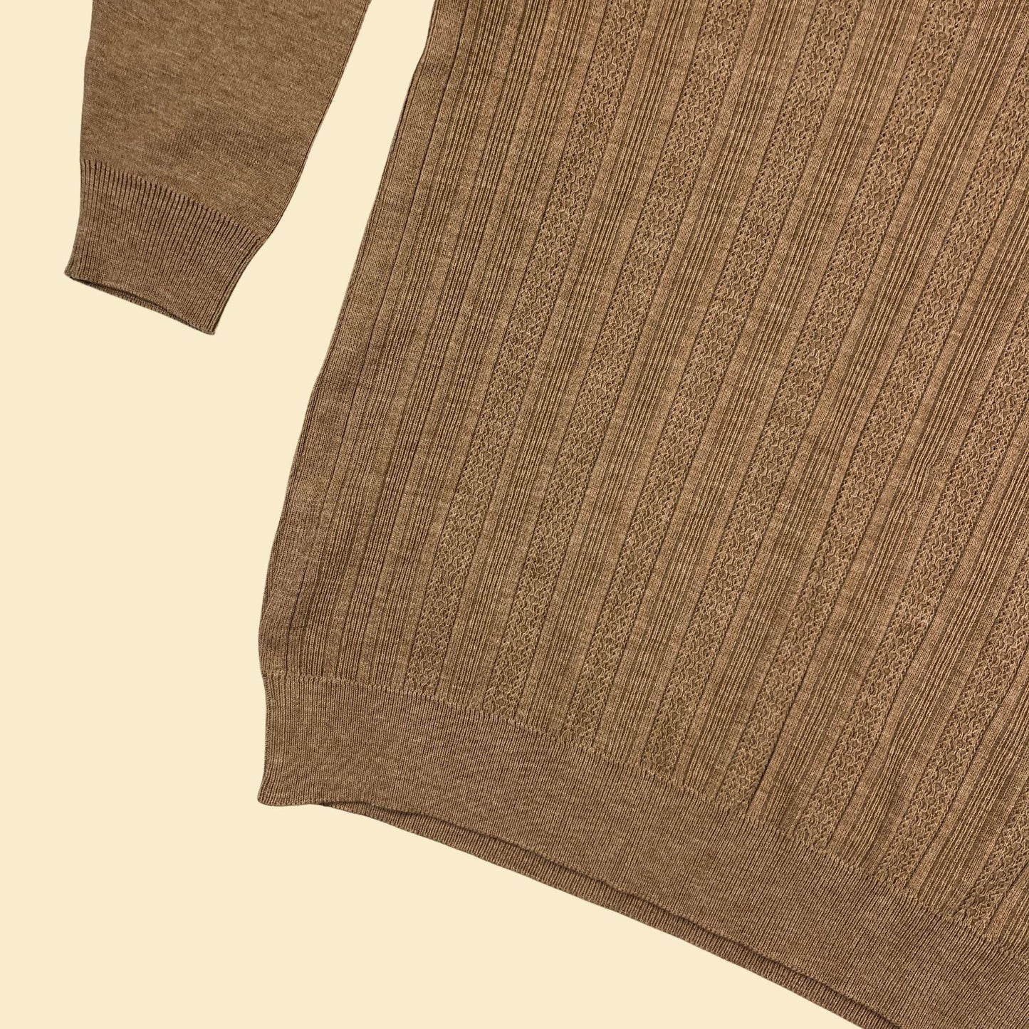 1970s brown wool sweater, vintage v-neck men's lightweight beige pullover