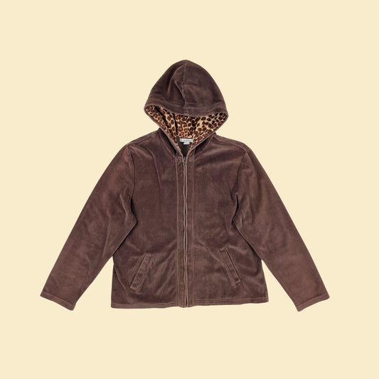 Y2K velour XL hoodie by Dressbarn, vintage brown & tan animal print zip up jacket