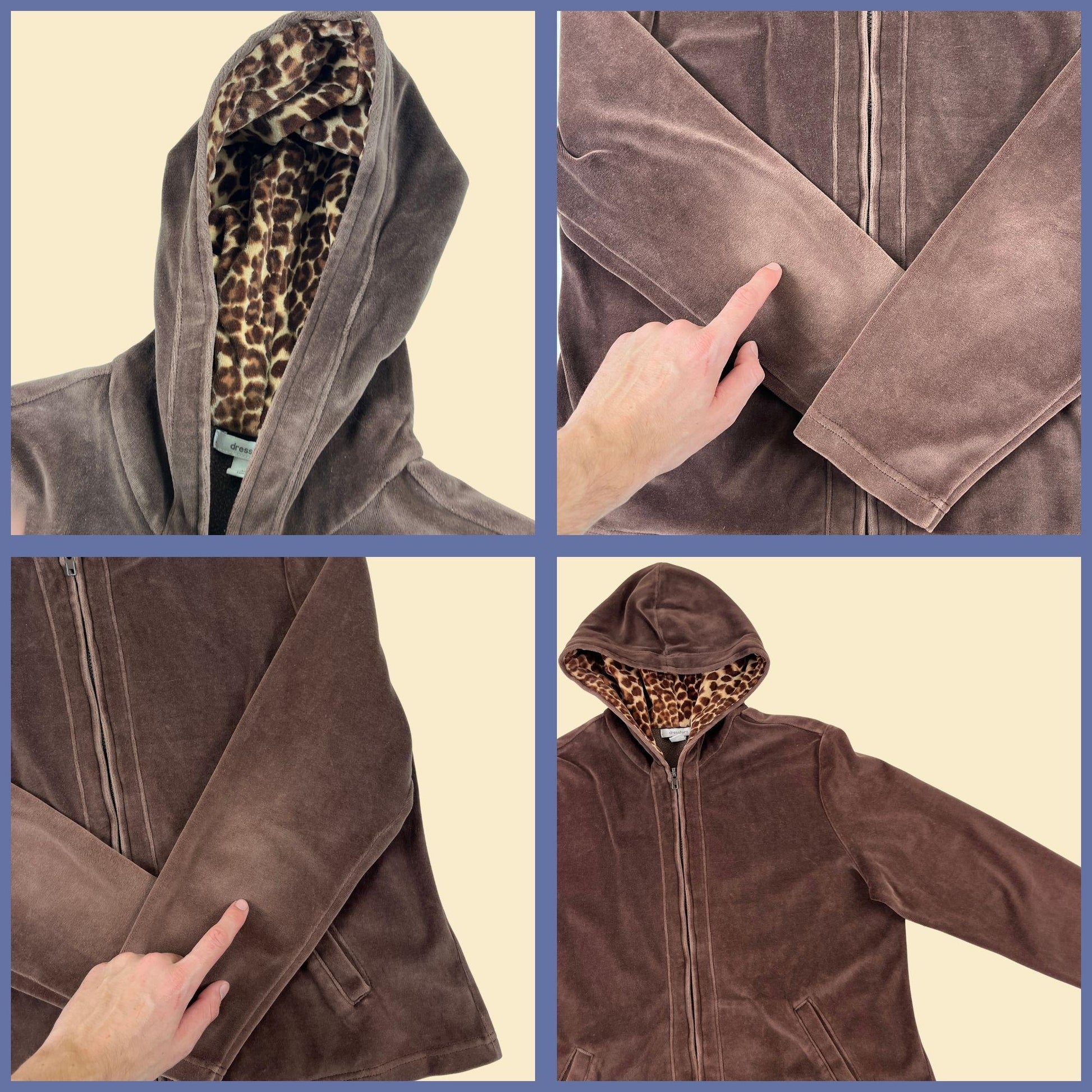 Y2K velour XL hoodie by Dressbarn, vintage brown & tan animal print zip up jacket