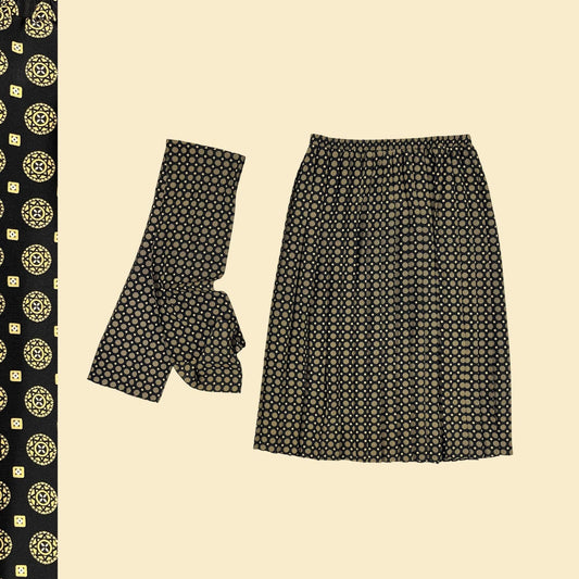 1990s size 14 skirt by Lesli Fay, vintage geometric pleated midi to maxi black & gold skirt w/ scarf