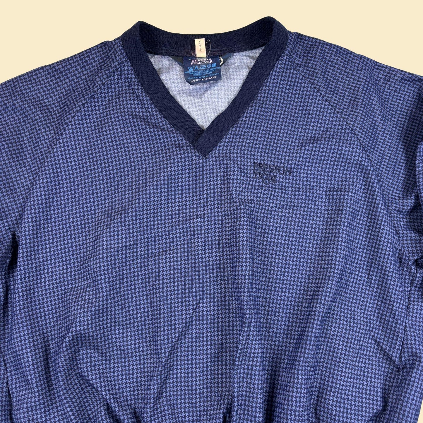 90s XL golf windbreaker by Sunderland, vintage blue houndstooth v-neck pullover