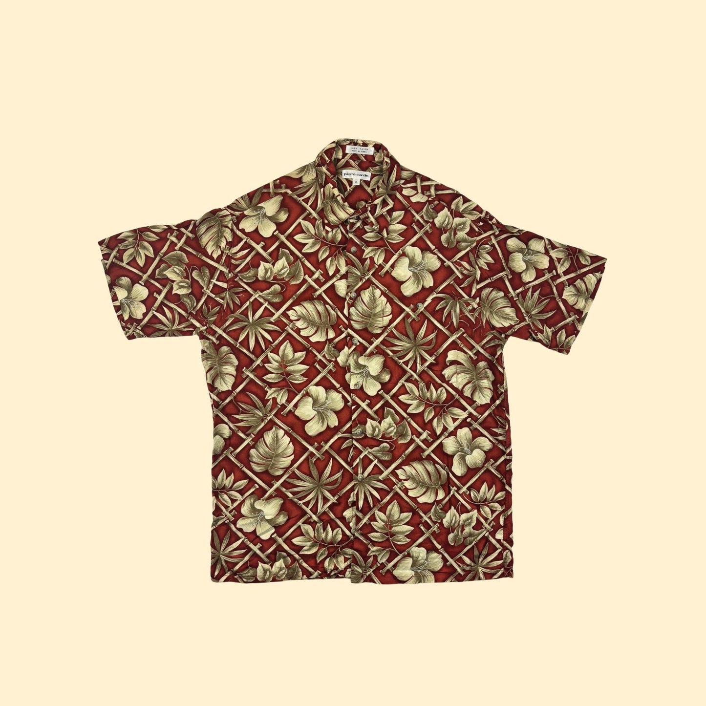 90s M Pierre Cardin shirt, vintage rayon men's button down floral burgundy & beige top