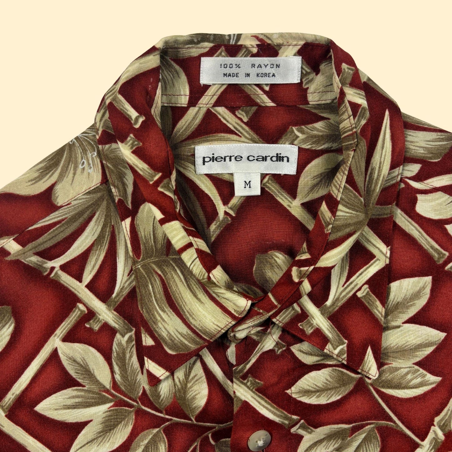 90s M Pierre Cardin shirt, vintage rayon men's button down floral burgundy & beige top