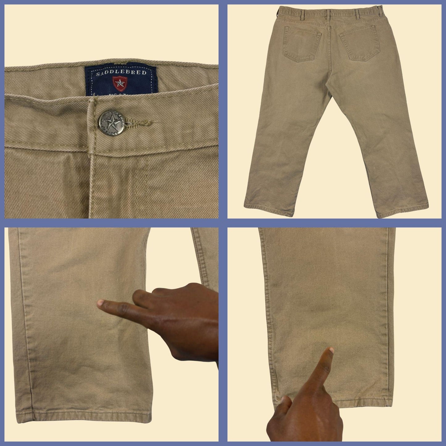 1990s 44x30 khaki denim-style pants by Saddlebred, vintage men's straight leg beige pants