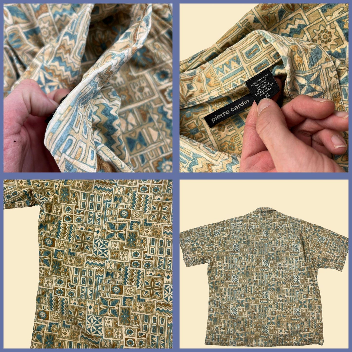 90s XL geometric Pierre Cardin shirt, vintage men's green & blue button down top