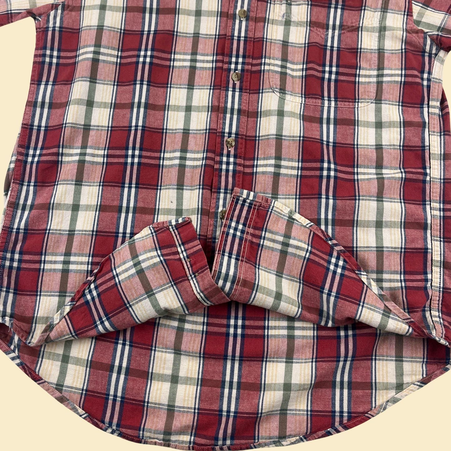 90s red plaid S shirt, vintage blue/burgundy short sleeve button down top by Roundtree & Yorke