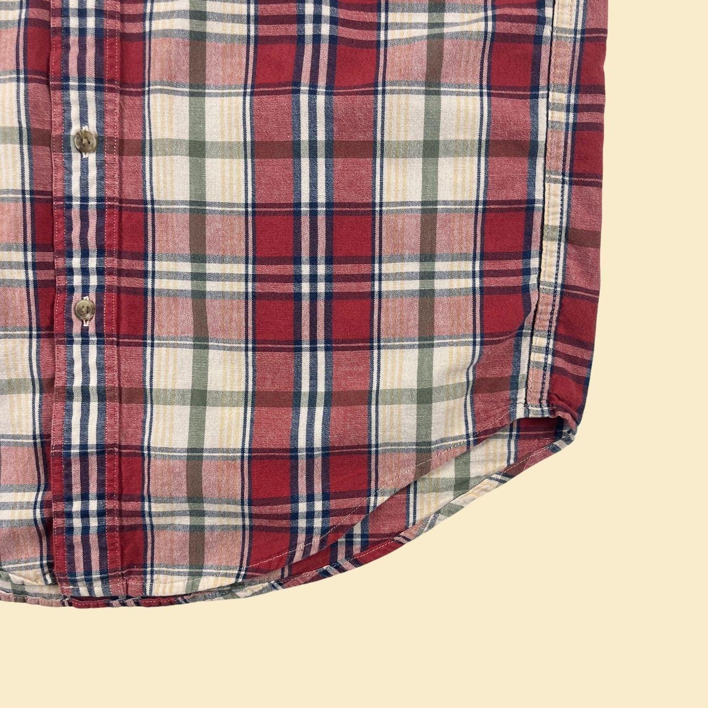 90s red plaid S shirt, vintage blue/burgundy short sleeve button down top by Roundtree & Yorke