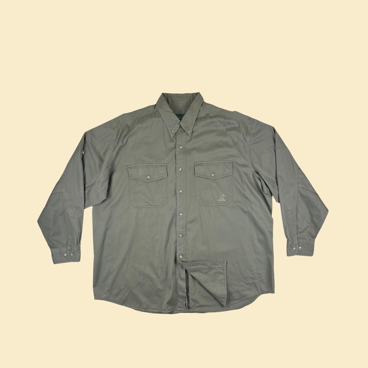 90s Woolrich & Ducks Unlimited 2XL grey (green-toned) button down vintage shirt