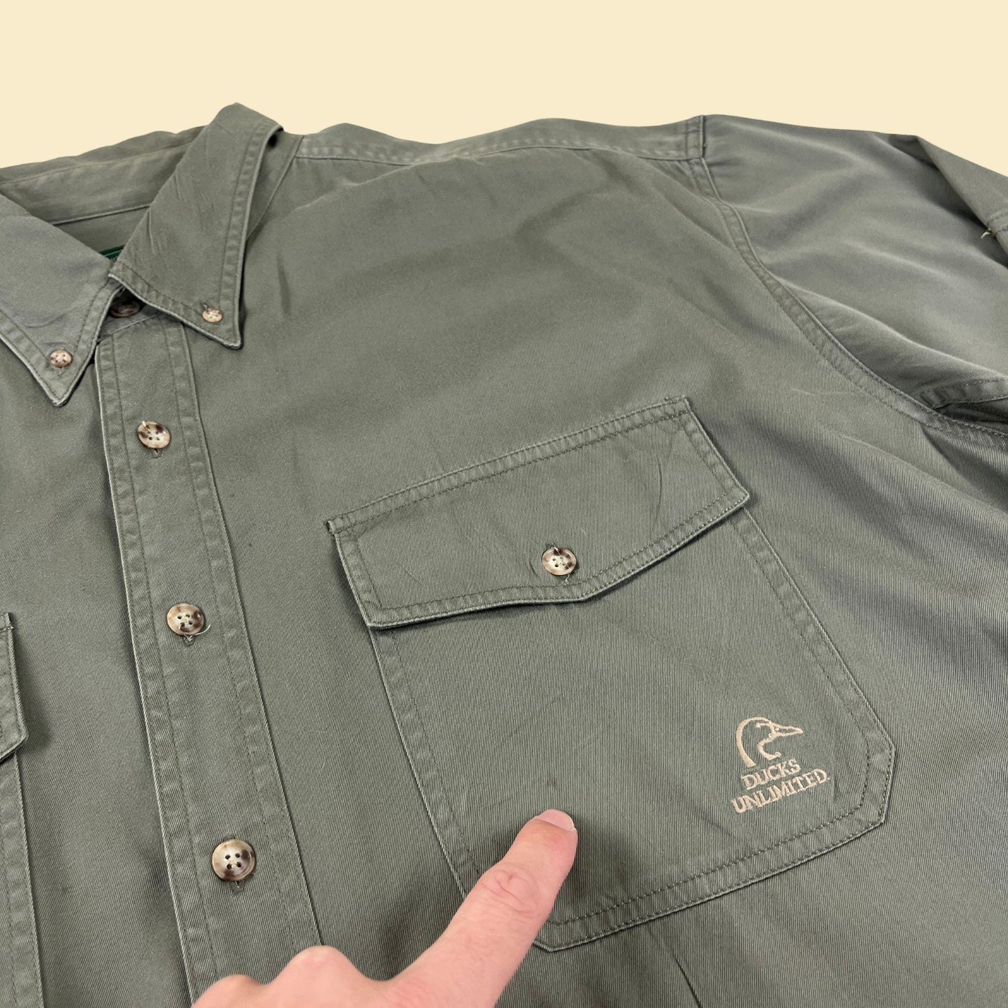 90s Woolrich & Ducks Unlimited 2XL grey (green-toned) button down vintage shirt