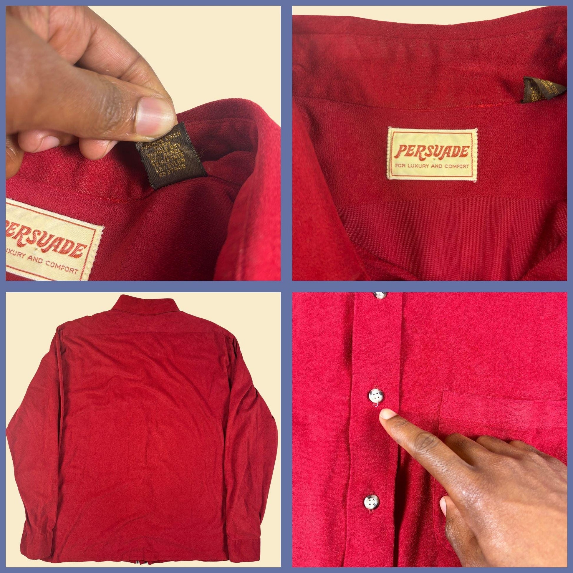 1970s red velour shirt by Persuade, vintage men's long sleeve lightweight