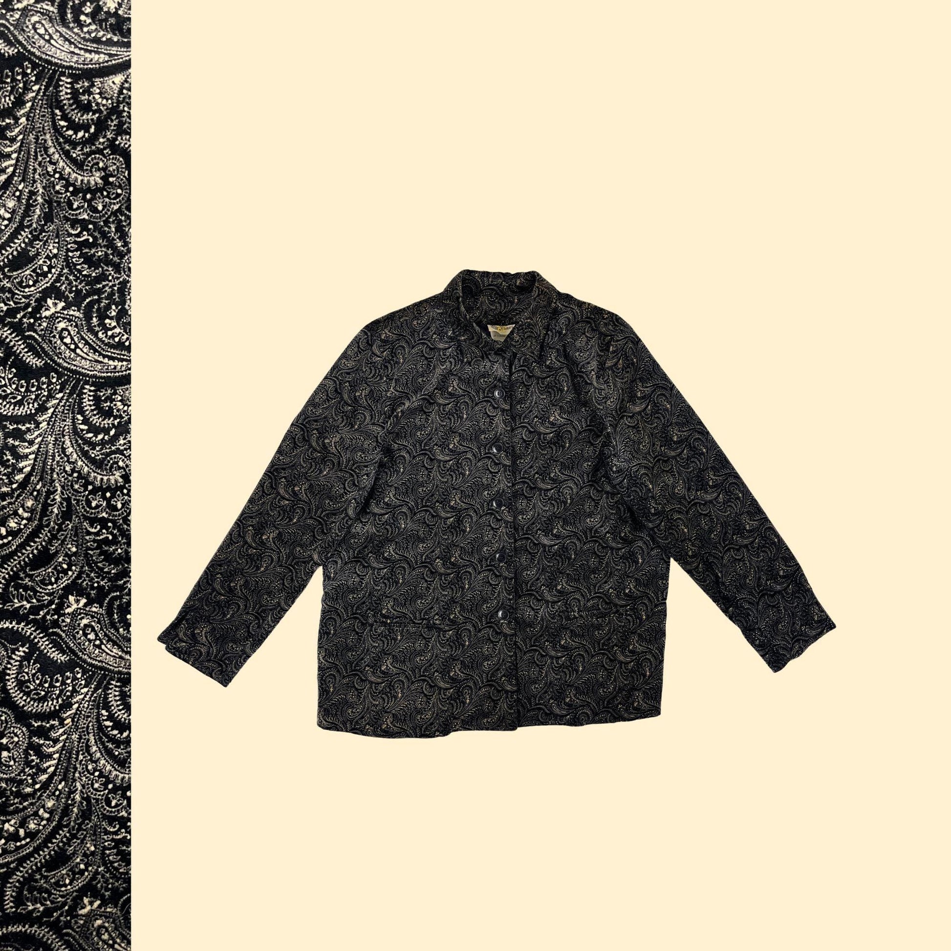 1970s velour paisley jacket by Sir James, vintage black & beige button up blazer/jacket