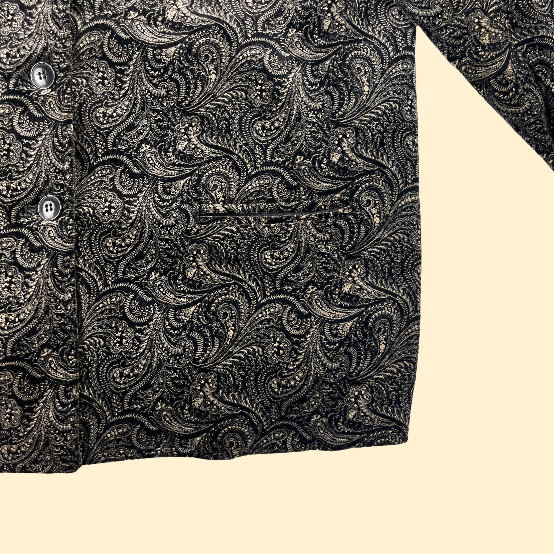 1970s velour paisley jacket by Sir James, vintage black & beige button up blazer/jacket