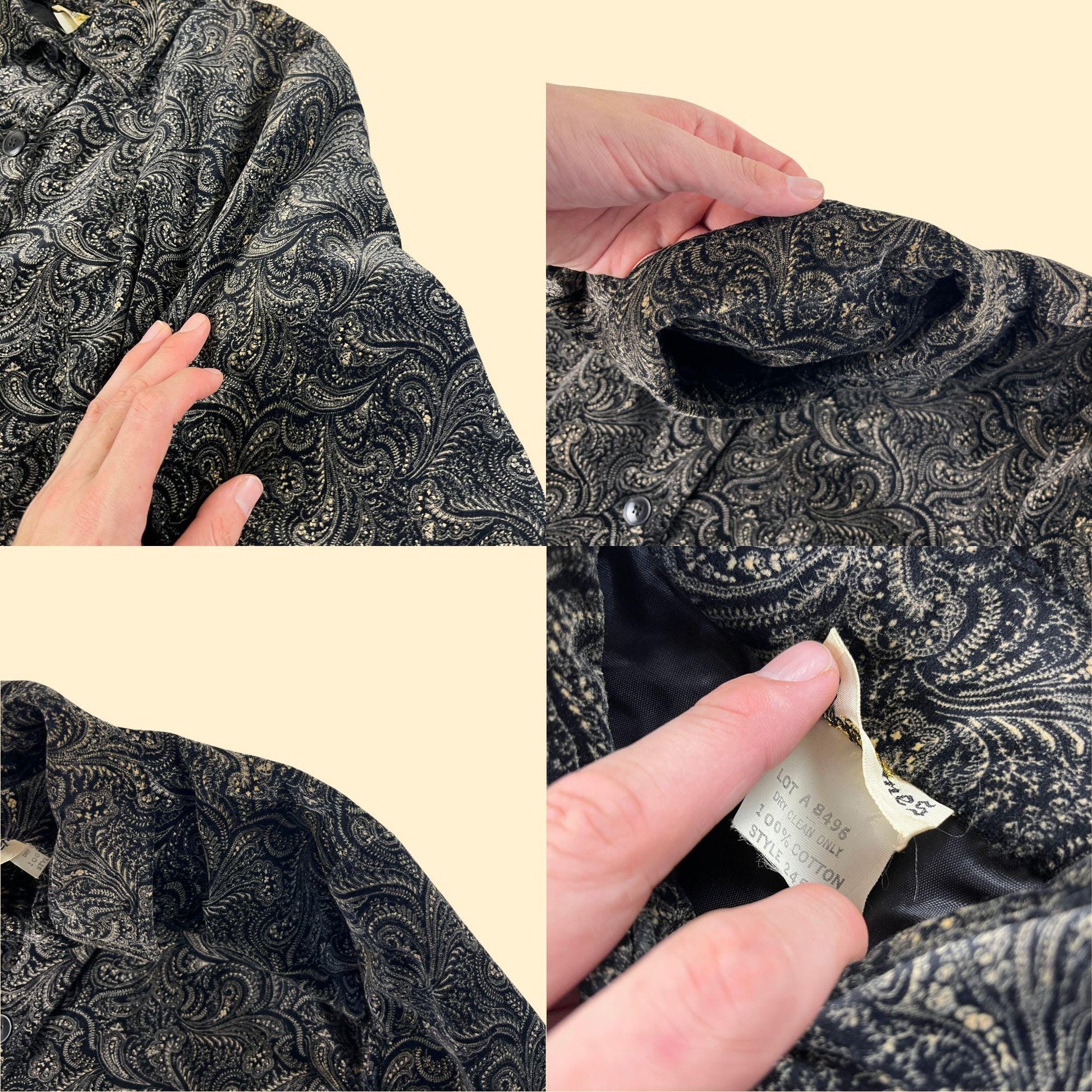 1970s velour paisley jacket by Sir James, vintage black & beige button up blazer/jacket