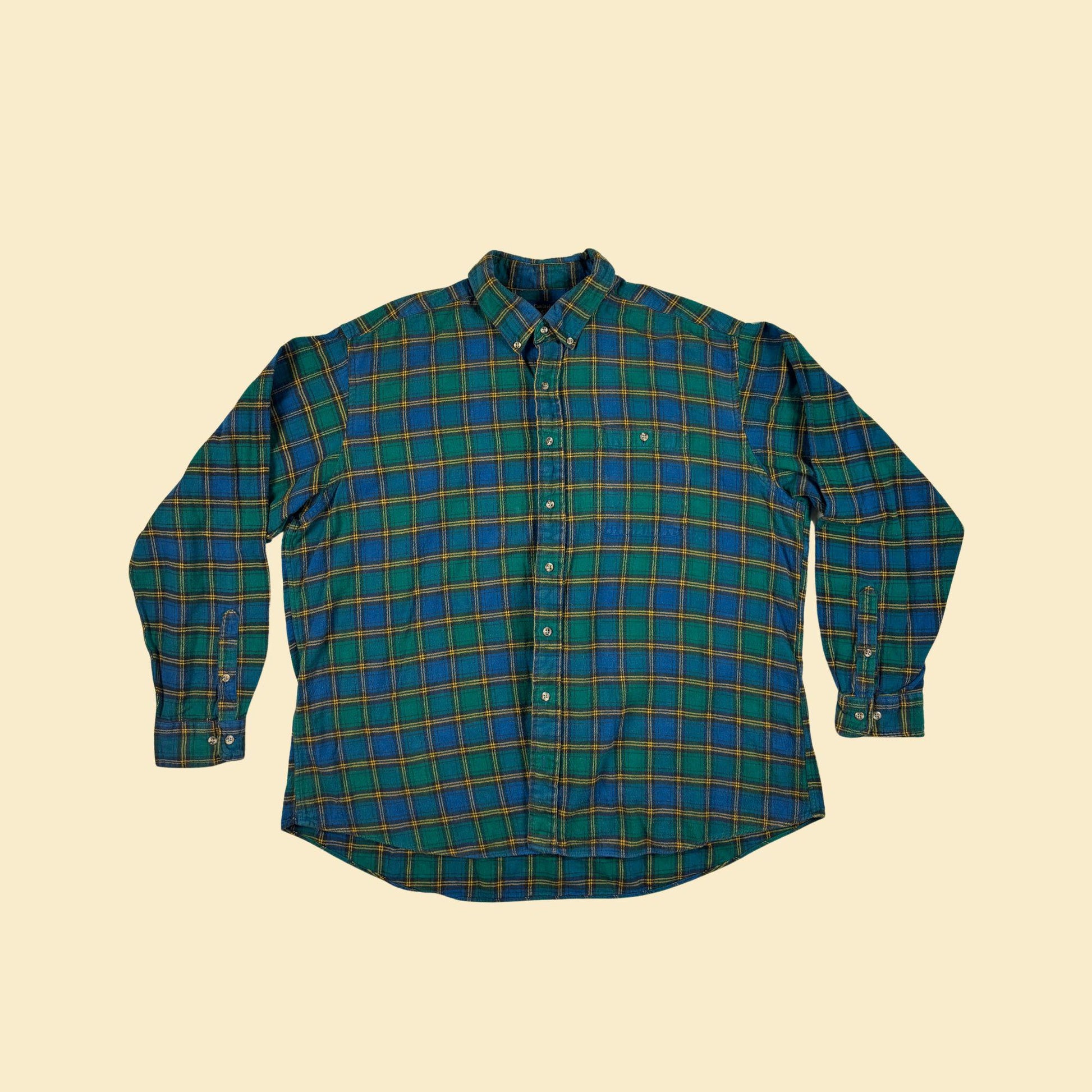 1990s green flannel shirt by Cambridge Classics, size XXL vintage green & blue button down shirt