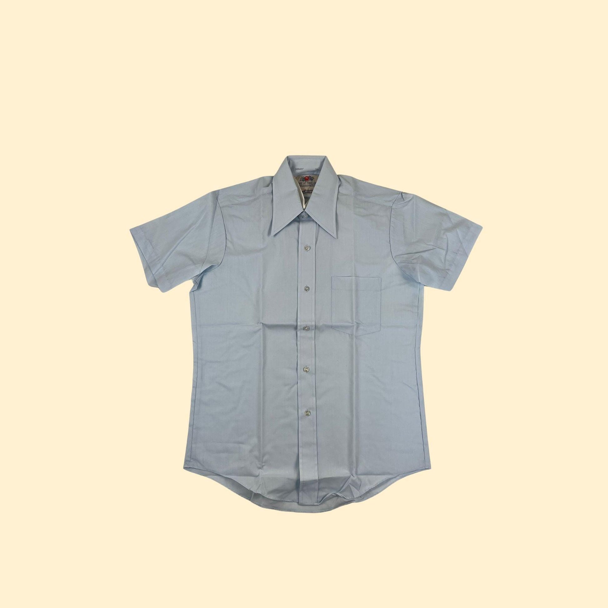 1970s Fruit of the Loom shirt, vintage light blue short sleeve button down, NOS (New Old Stock)