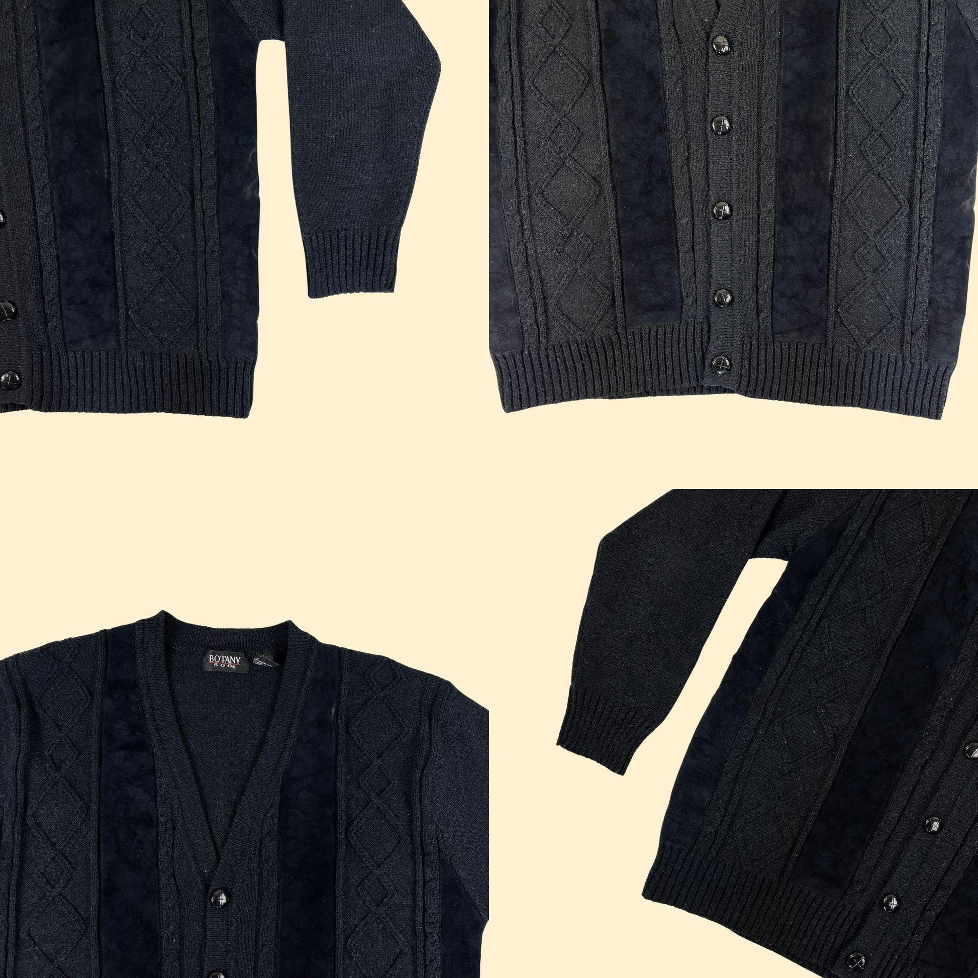 90s XL knit/faux suede cardigan, vintage button down black & grey button down sweater