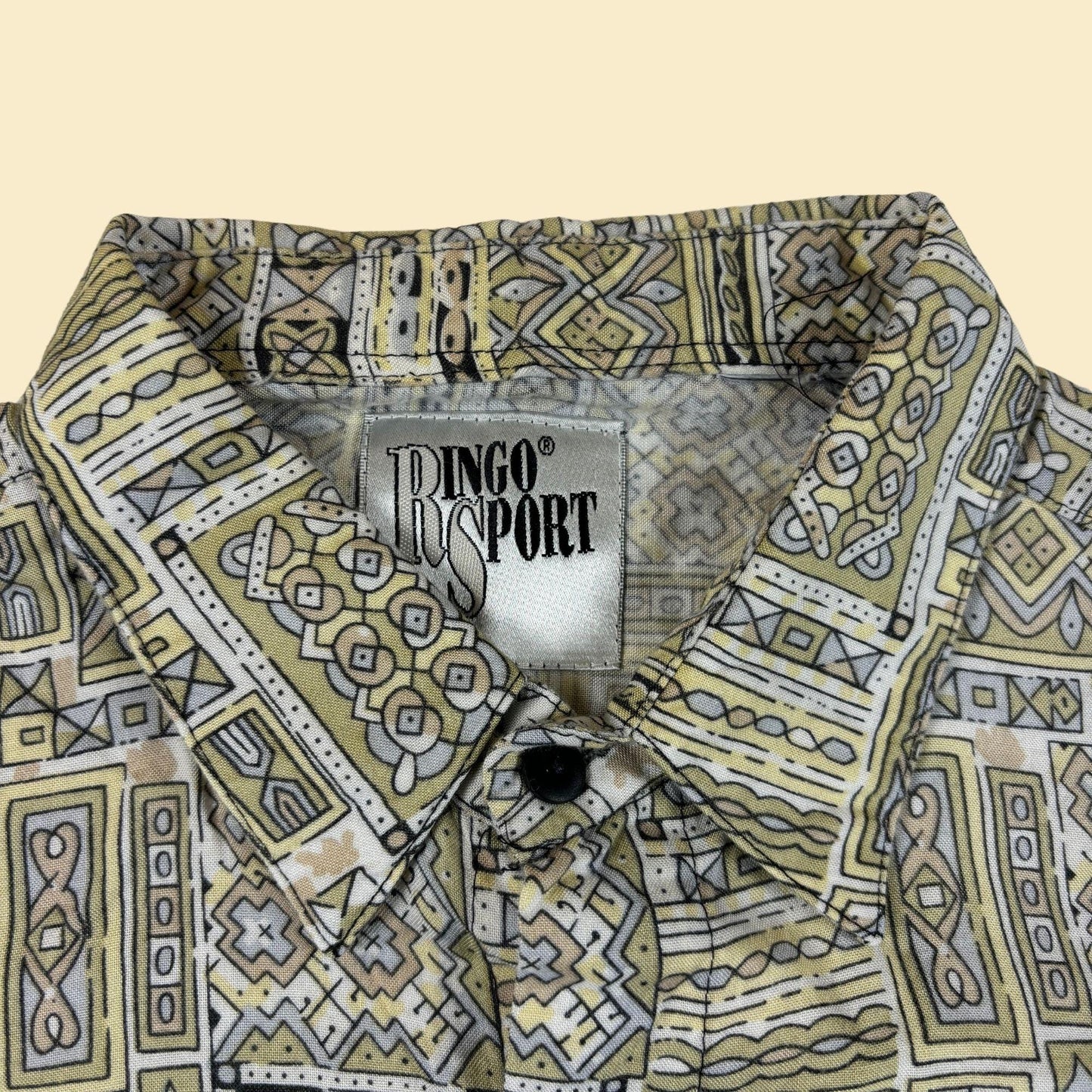 80s/90s geometric shirt by Ringo Sport, men's M to L vintage yellow, white & green button down short sleeve top