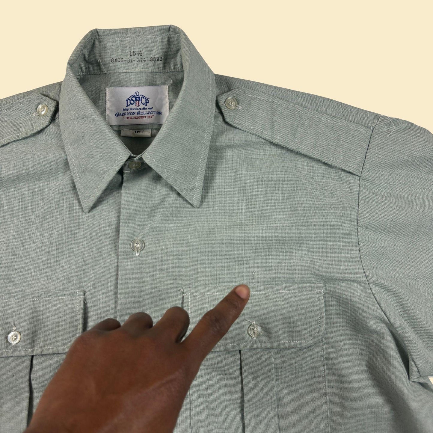 2000s military style shirt by DSCP, vintage size 16.5 button down short sleeve pastel green top