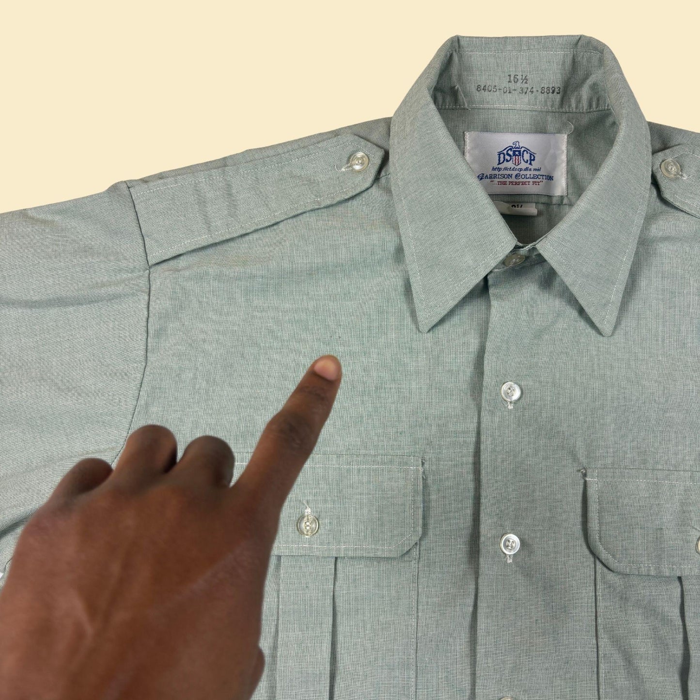 2000s military style shirt by DSCP, vintage size 16.5 button down short sleeve pastel green top